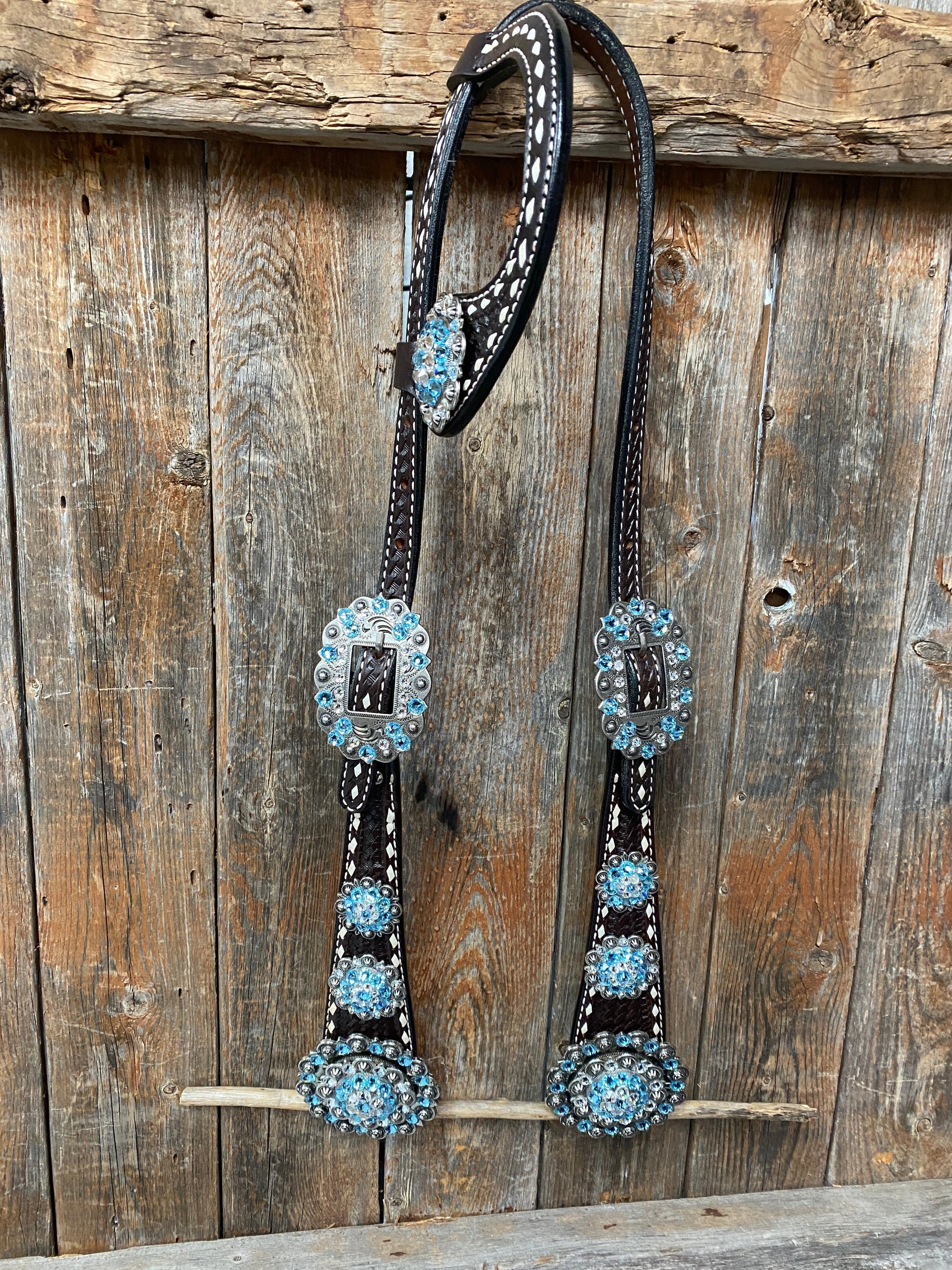 Dark Oil Buckstitch Aqua and Clear One Ear &amp; Breastcollar Tack Set 