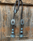 Dark Oil Buckstitch Aqua and Clear One Ear & Breastcollar Tack Set 