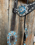 Dark Oil Buckstitch Aqua and Clear One Ear & Breastcollar Tack Set 