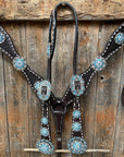 Dark Oil Buckstitch Aqua and Clear One Ear & Breastcollar Tack Set 