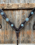 Dark Oil Buckstitch Aqua and Clear One Ear & Breastcollar Tack Set 
