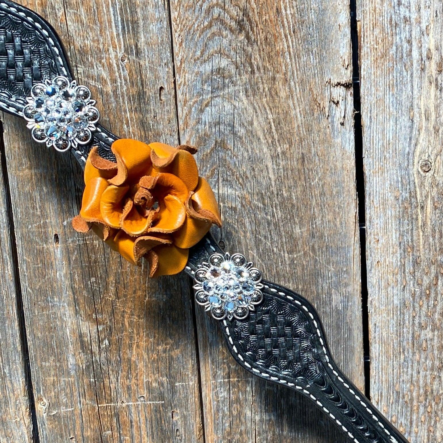 Black Basketweave Yellow and Clear Browband / One Ear Tack Set 