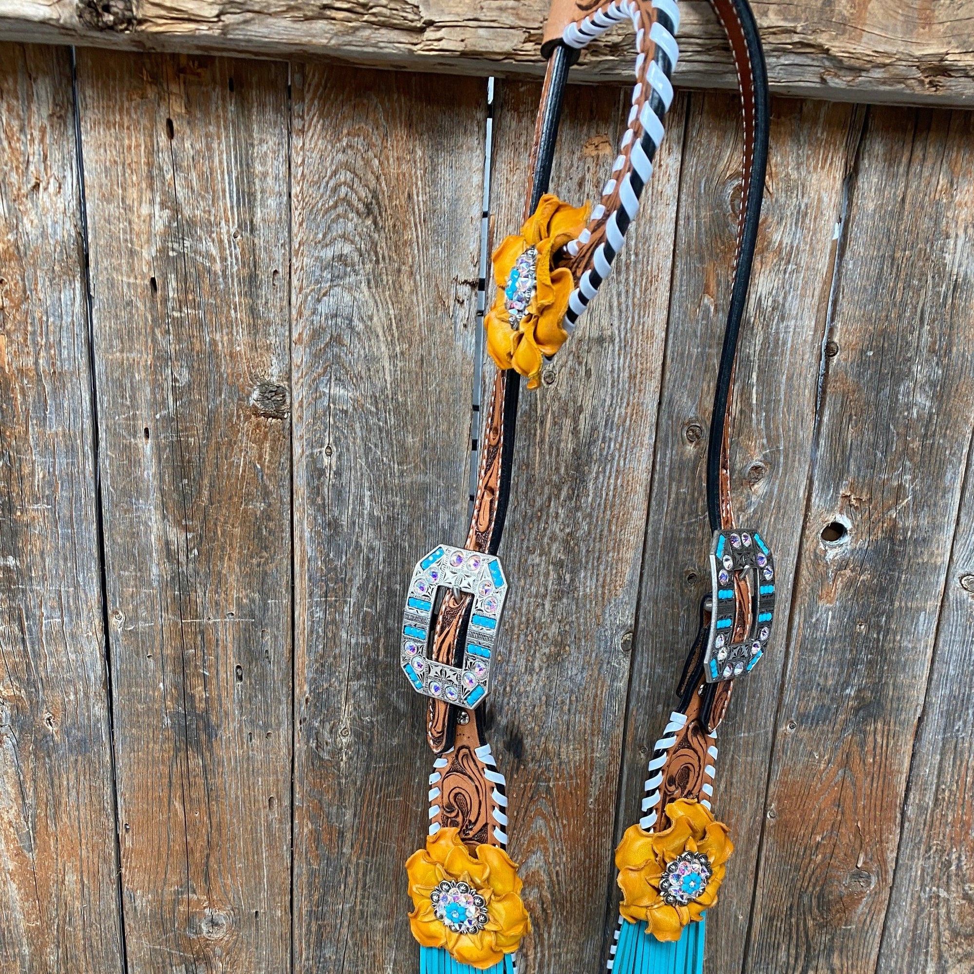 White Whipstitch Yellow and Turquoise Browband/One Ear Headstall &amp; Breastcollar Tack Set 