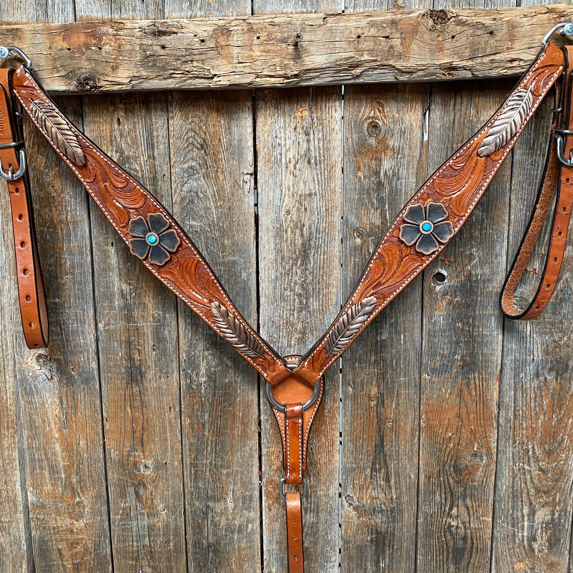 Light Oil Floral Tooled Feather and Flower Breastcollar
