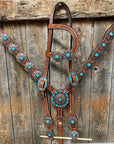 Medium Basketweave Turquoise One Ear & Breastcollar Tack Set 