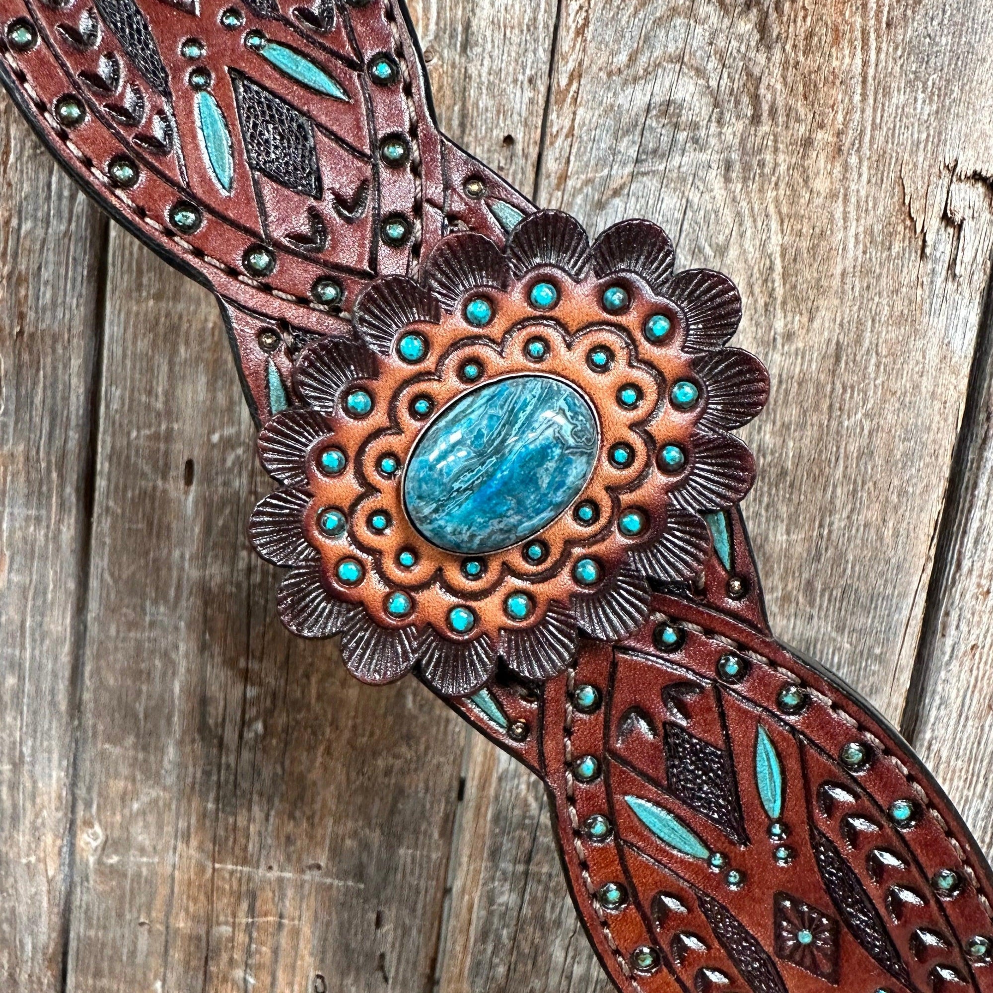 Dark Oil Hand Painted Blue Rosettes Browband/ Breastcollar Tack Set 