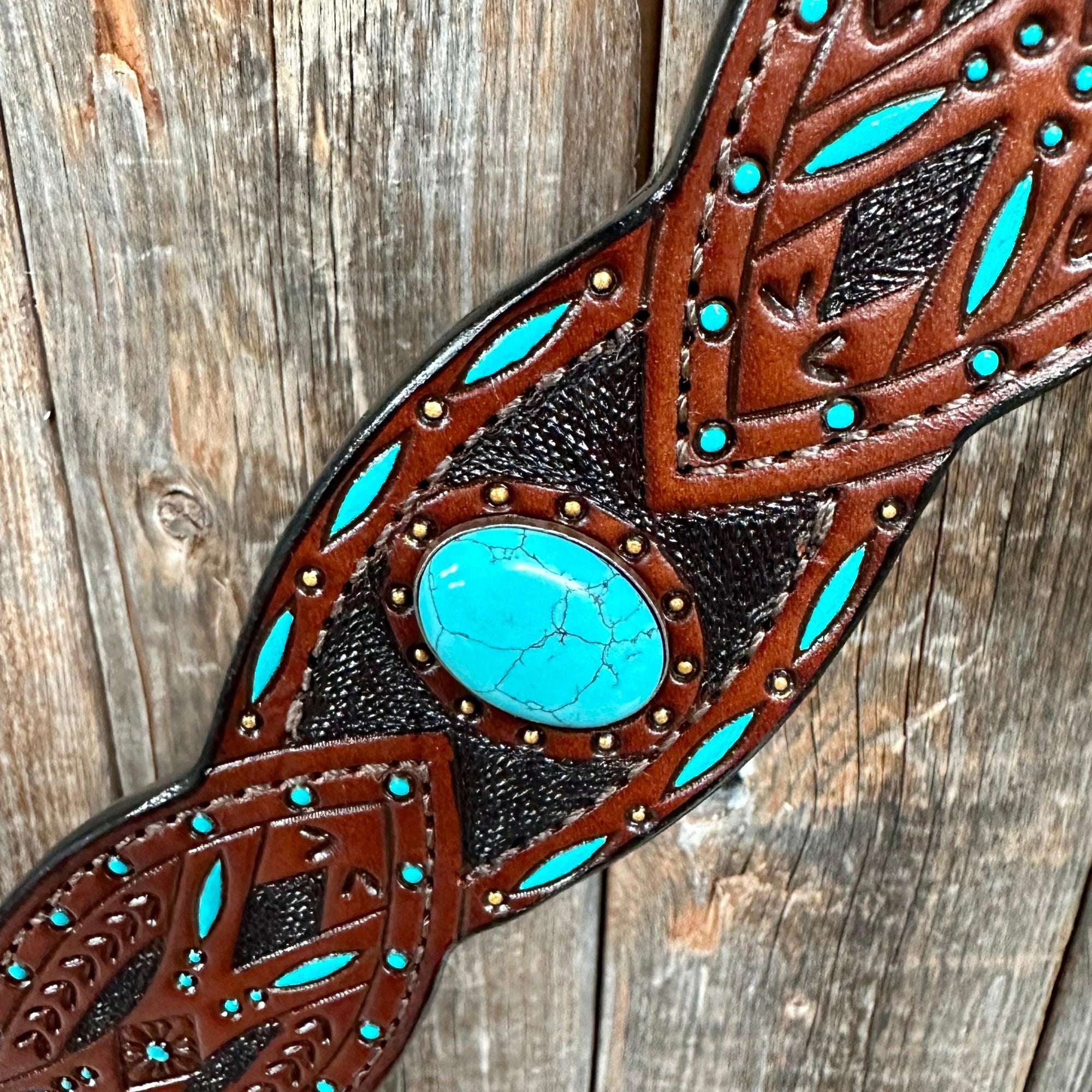Dark Oil Hand Painted Turquoise Browband/ Breastcollar Tack Set 