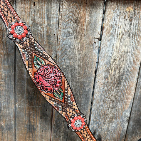 Rose Coral and Clear Browband/ Breastcollar Tack Set