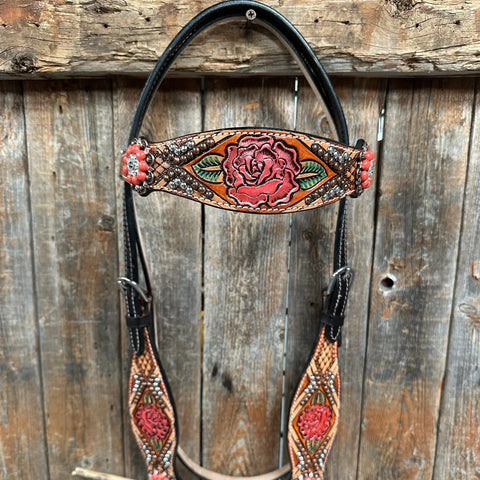 Rose Coral and Clear Browband/ Breastcollar Tack Set