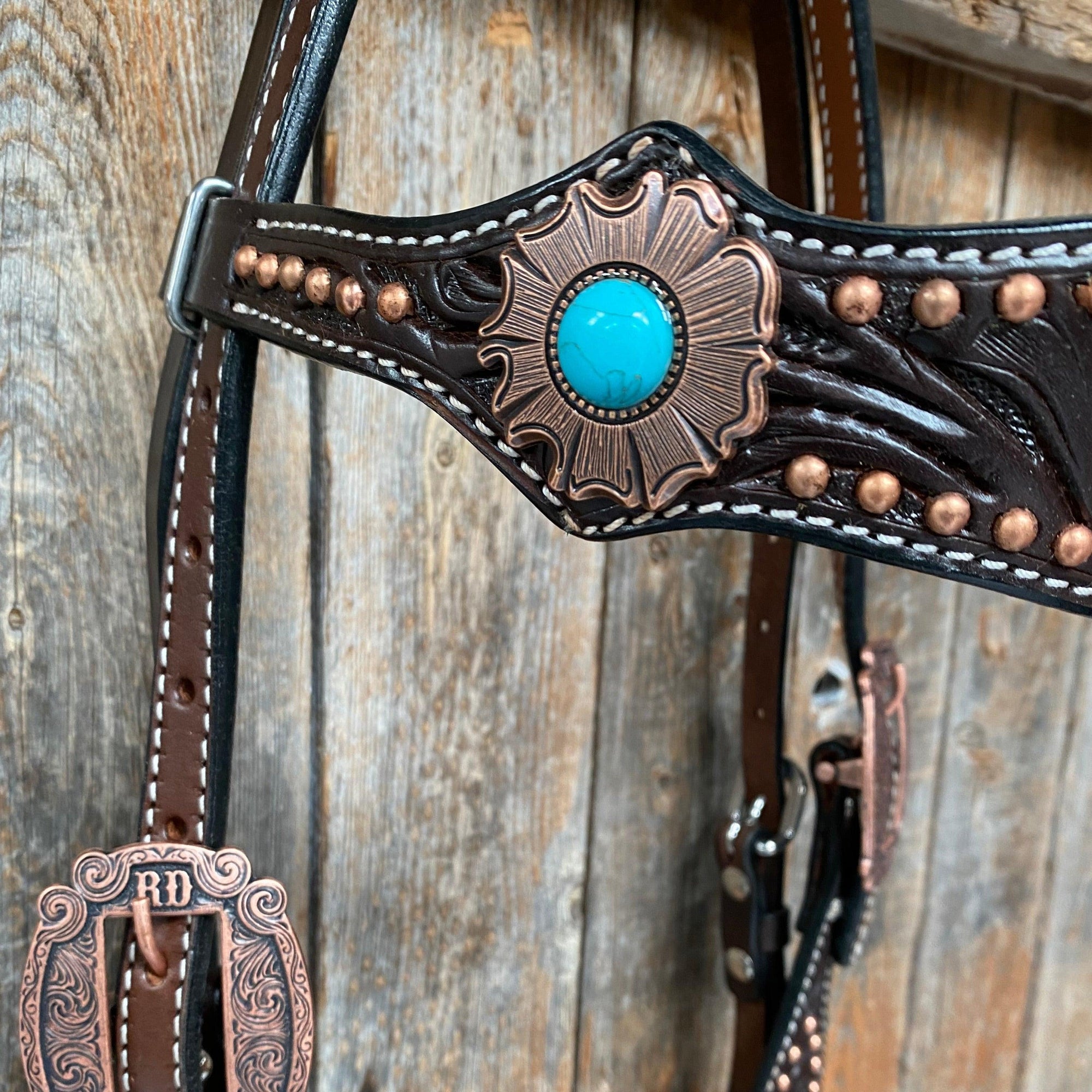 Dark Oil Copper Dot Turquoise Browband/One Ear Tack Set  