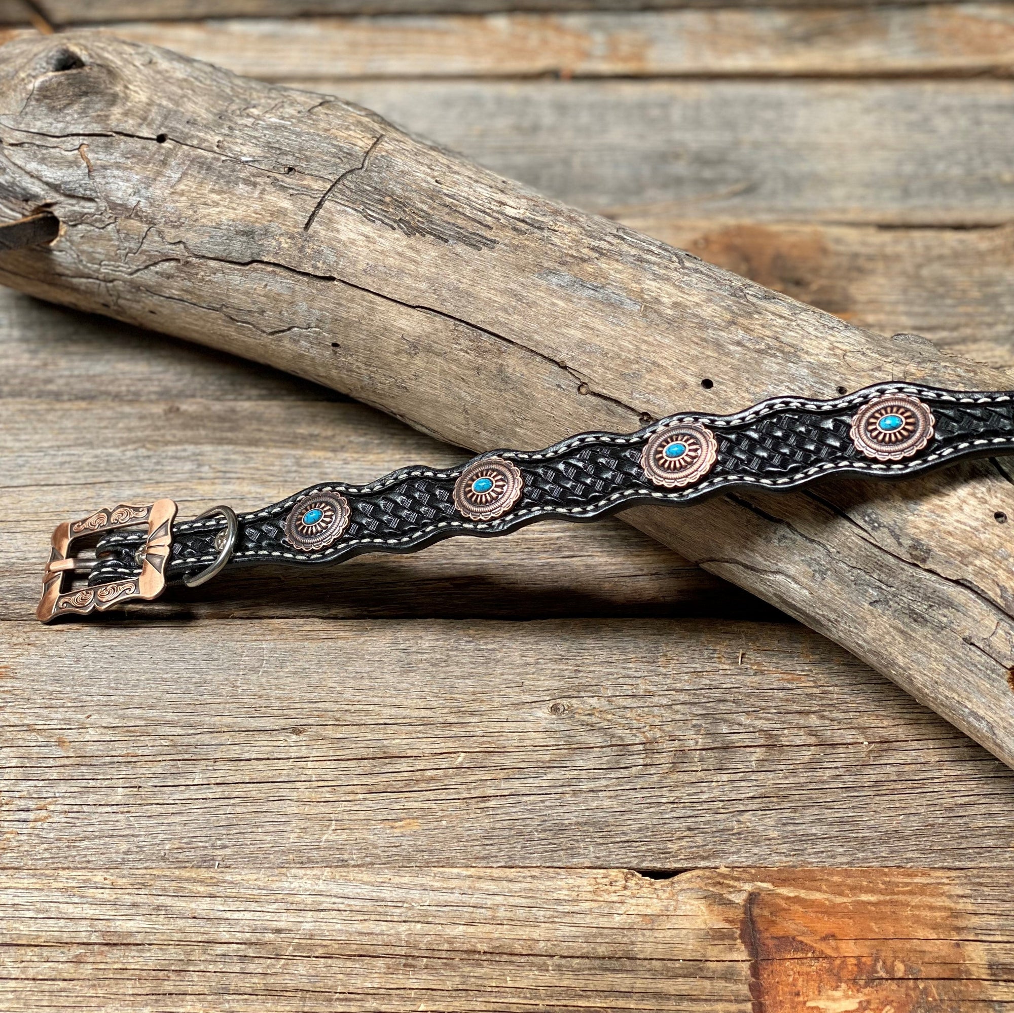 DC22 -Black Oval Turquoise Dog Collar 12&quot; to 28&quot; W179S