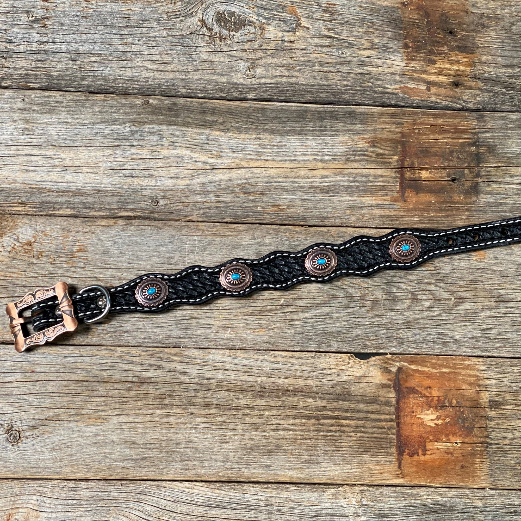 DC22 -Black Oval Turquoise Dog Collar 12&quot; to 28&quot; W179S