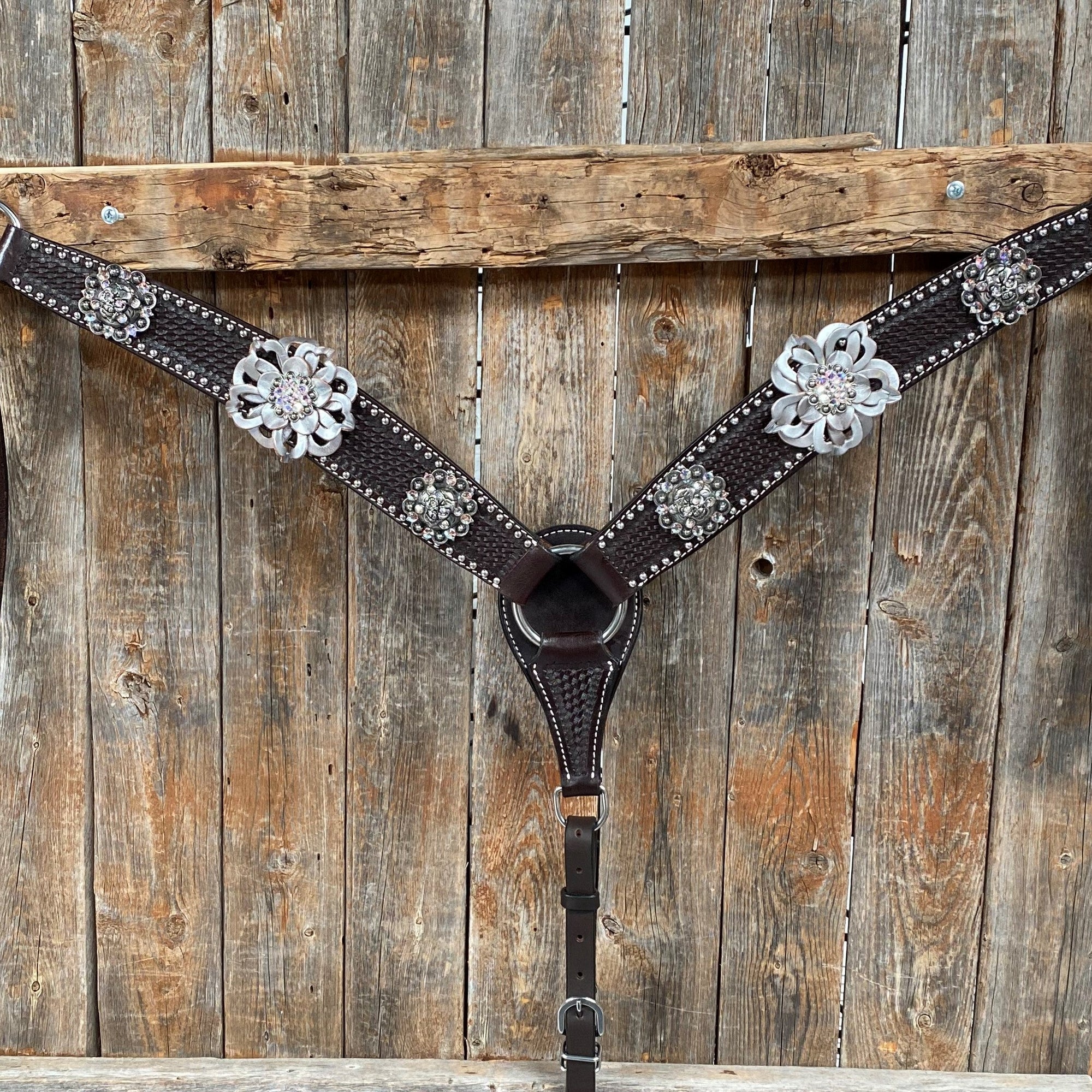 Dark Oil Silver Dot Flowers and Skulls Browband / One Ear Tack Set 
