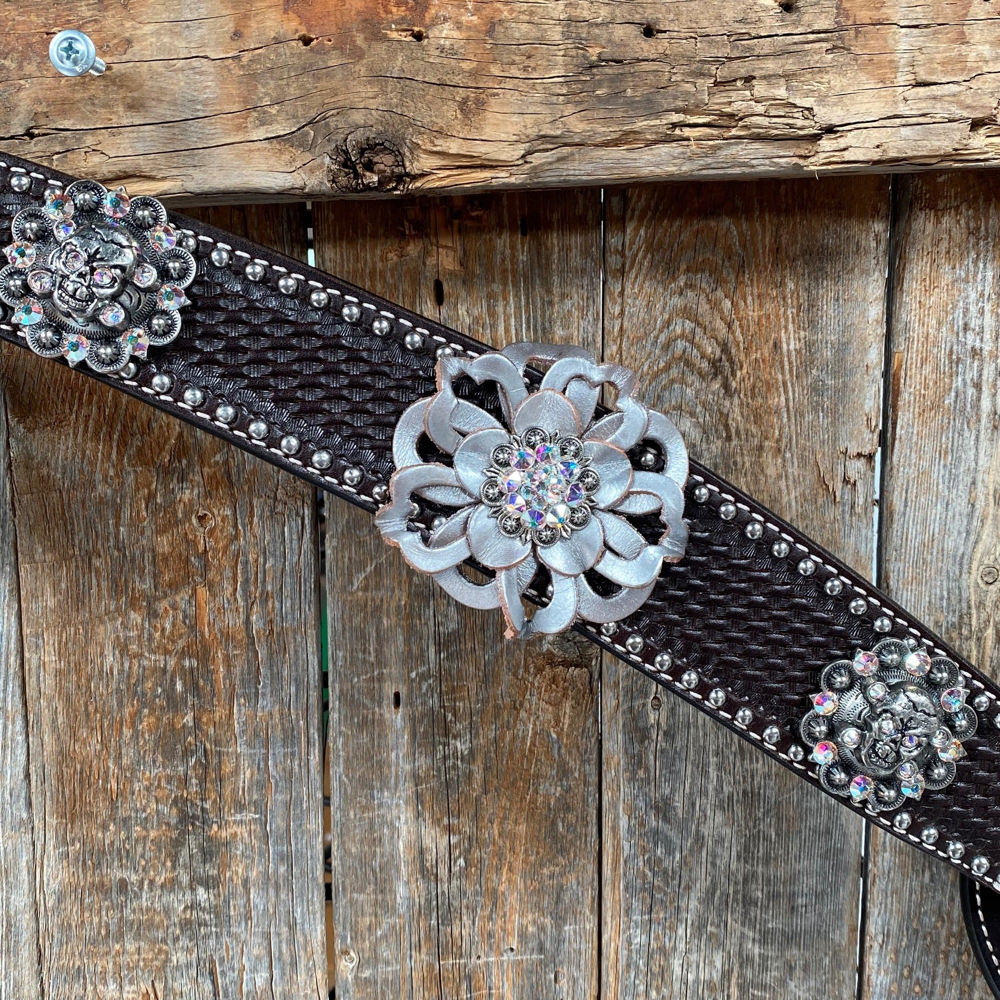 Dark Oil Silver Dot Flowers and Skulls Browband / One Ear Tack Set 