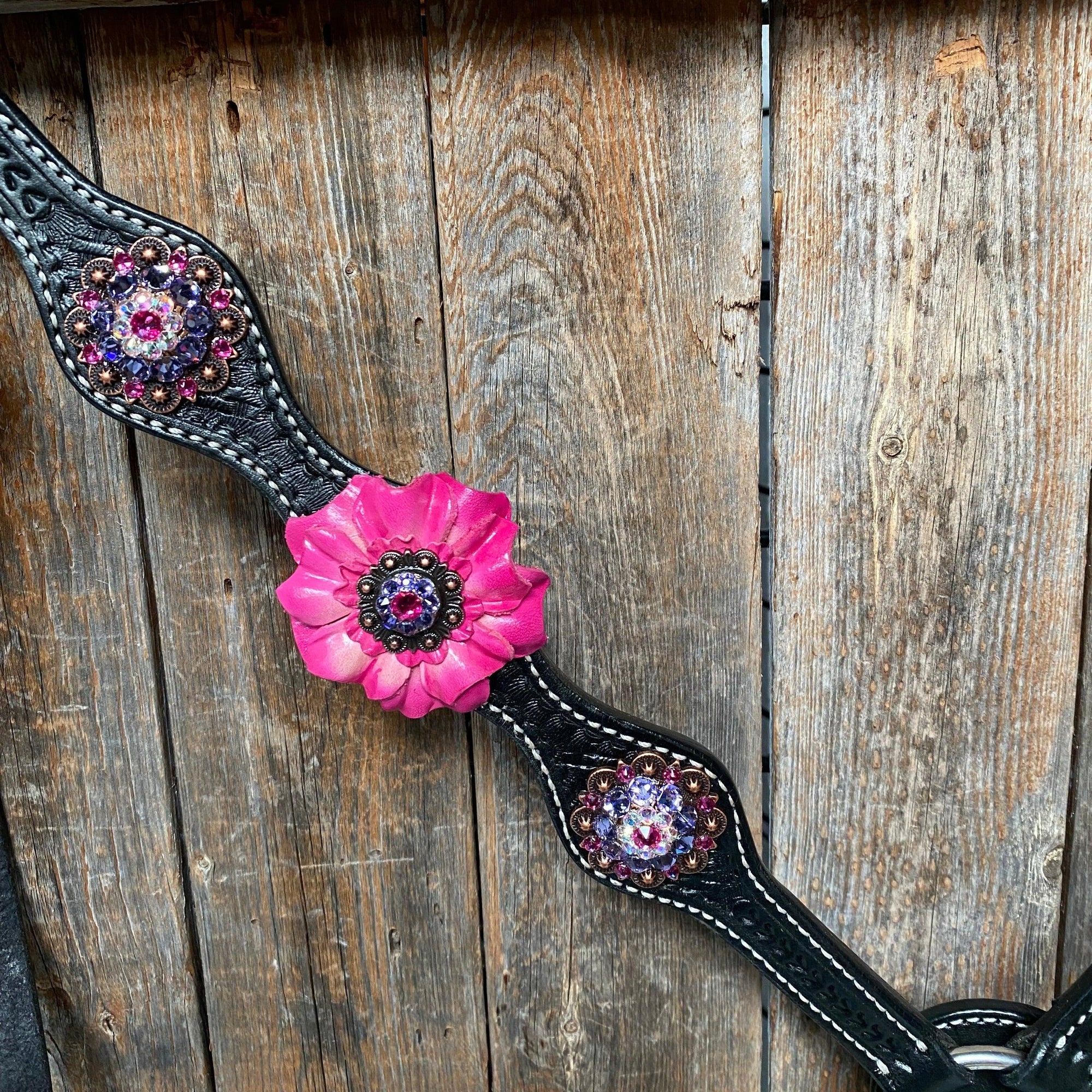 Black Basketweave Pink and Purple Browband/One Ear Tack Set  