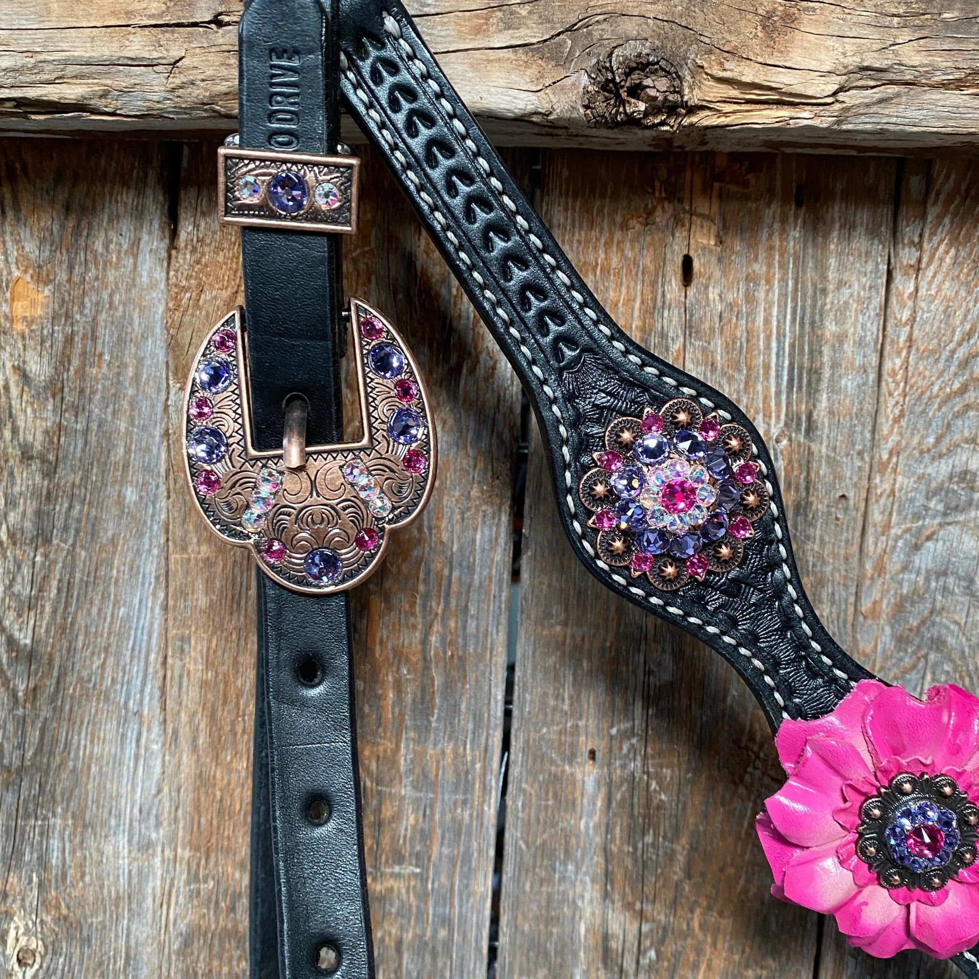 Black Basketweave Pink and Purple Browband/One Ear Tack Set  