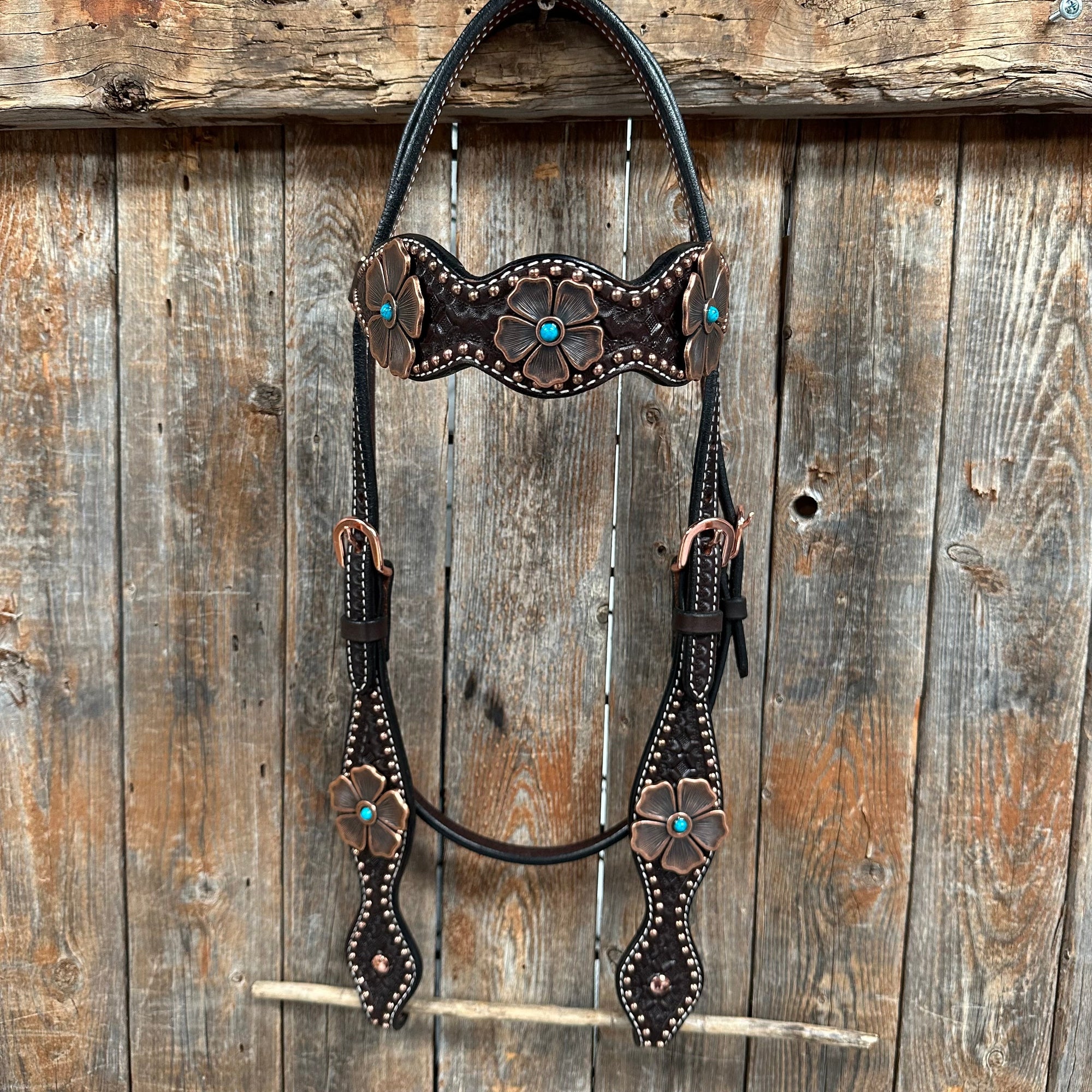 Copper Dot Honeycomb Flower and Turquoise Browband / One Ear Tack Set 