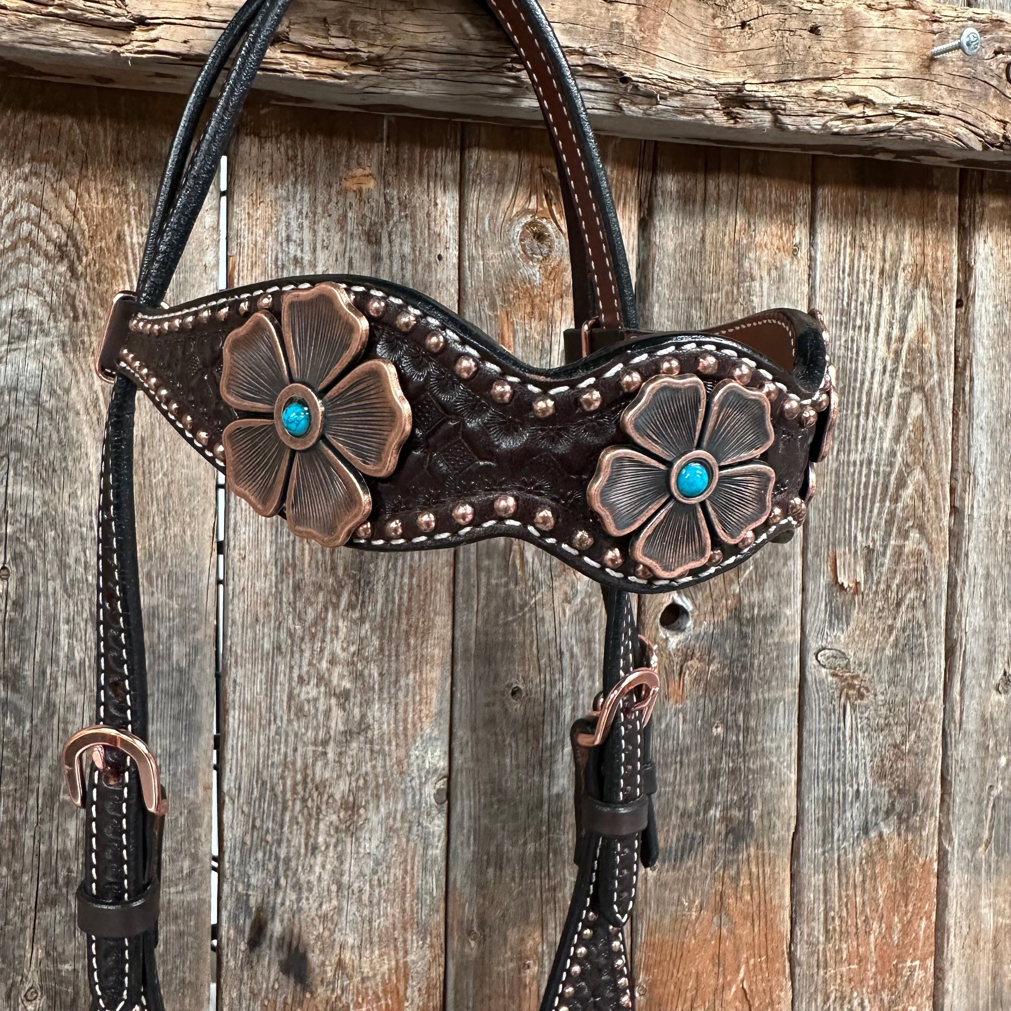 Copper Dot Honeycomb Flower and Turquoise Browband / One Ear Tack Set 