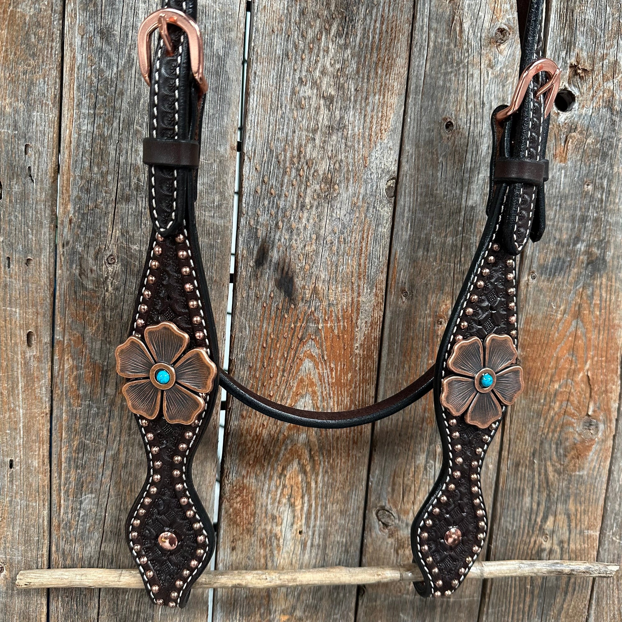 Copper Dot Honeycomb Flower and Turquoise Browband / One Ear Tack Set 