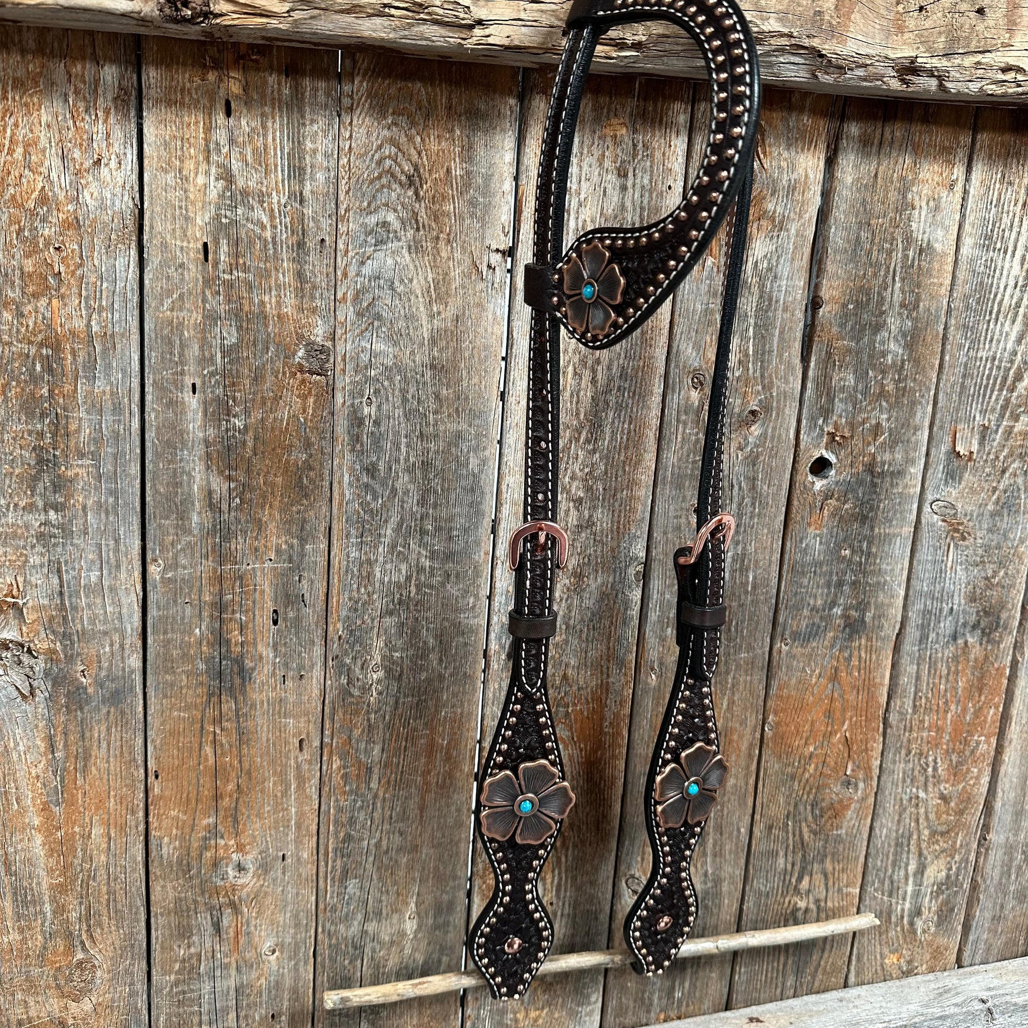 Copper Dot Honeycomb Flower and Turquoise Browband / One Ear Tack Set 