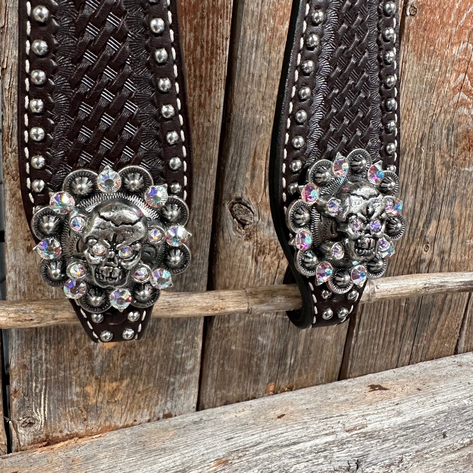 Dark Oil Silver Dot Flowers and Skulls Browband / One Ear Tack Set 