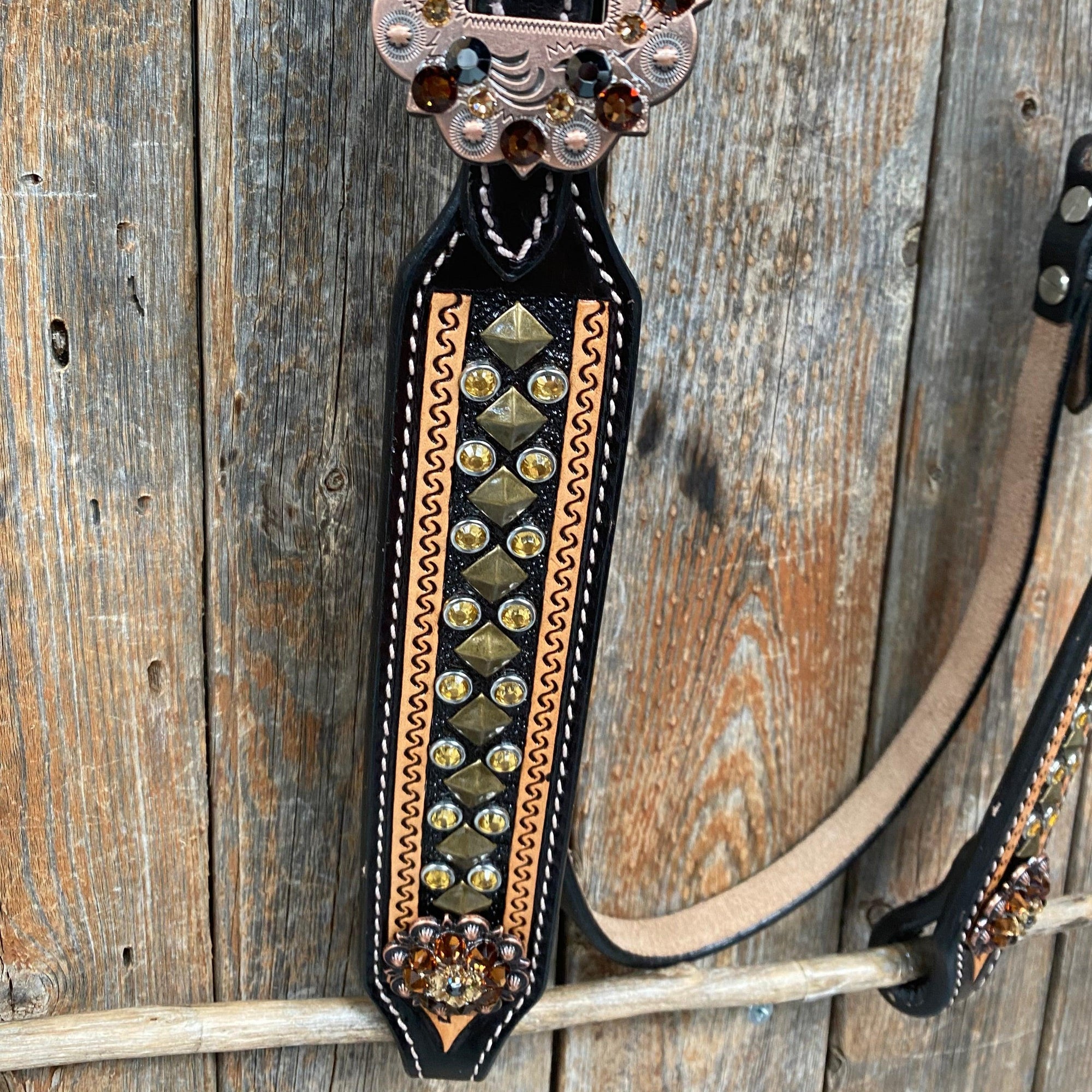 Two Tone Leather - Brass Studded Gold Browband / Breastcollar Tack Set 