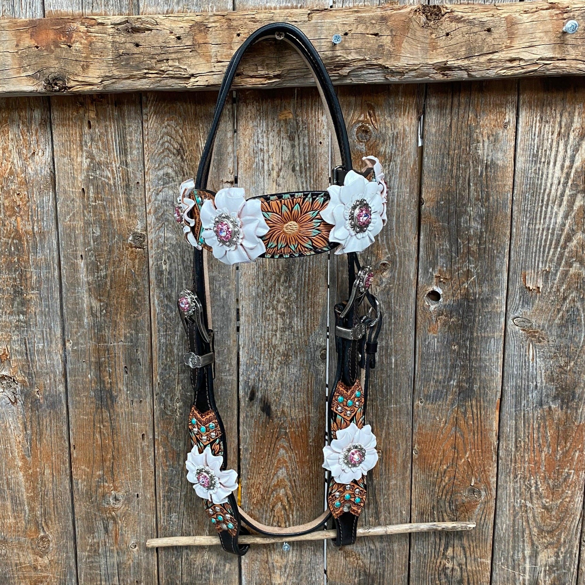Two Tone Floral Pink and White Browband/ Breastcollar Tack Set 