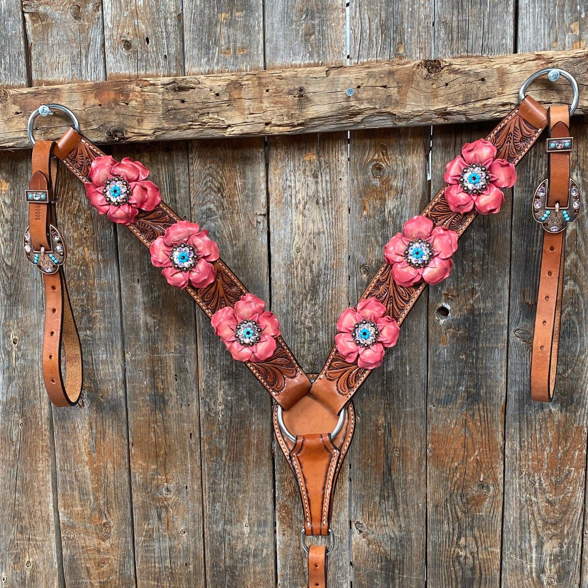 Honey Colored Floral Pink and Turquoise Tack Set  