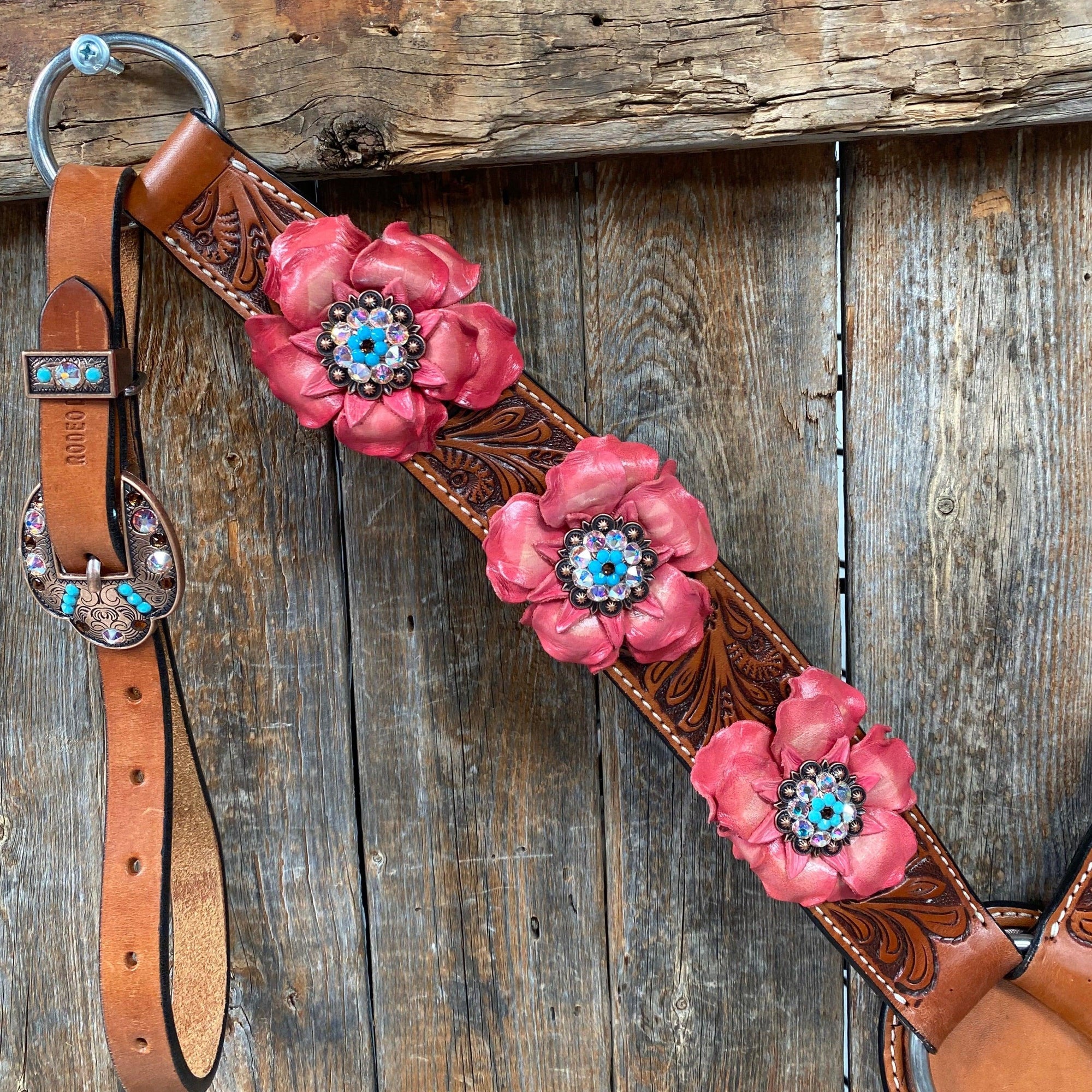 Honey Colored Floral Pink and Turquoise Tack Set  