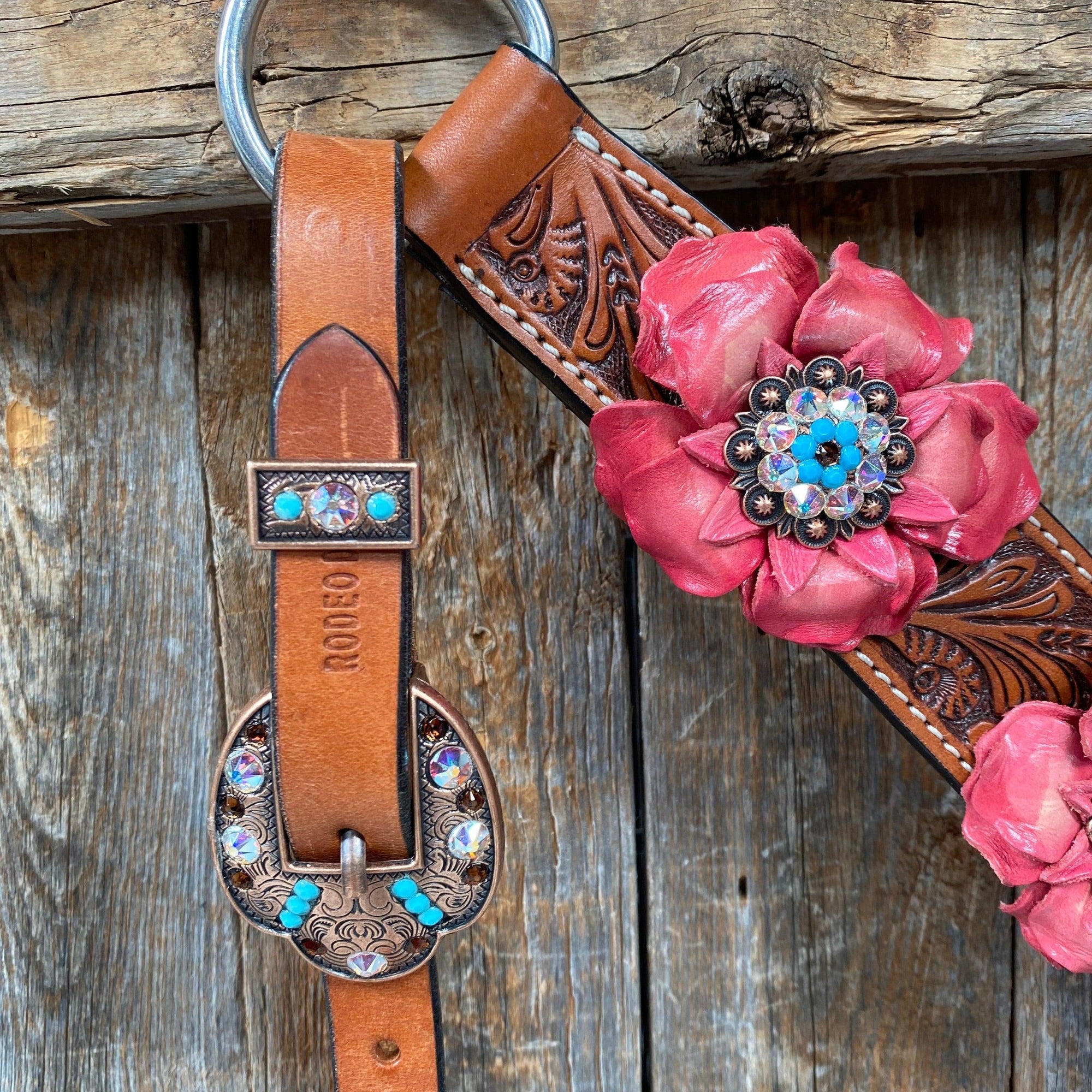 Honey Colored Floral Pink and Turquoise Tack Set  