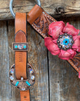 Honey Colored Floral Pink and Turquoise Tack Set  