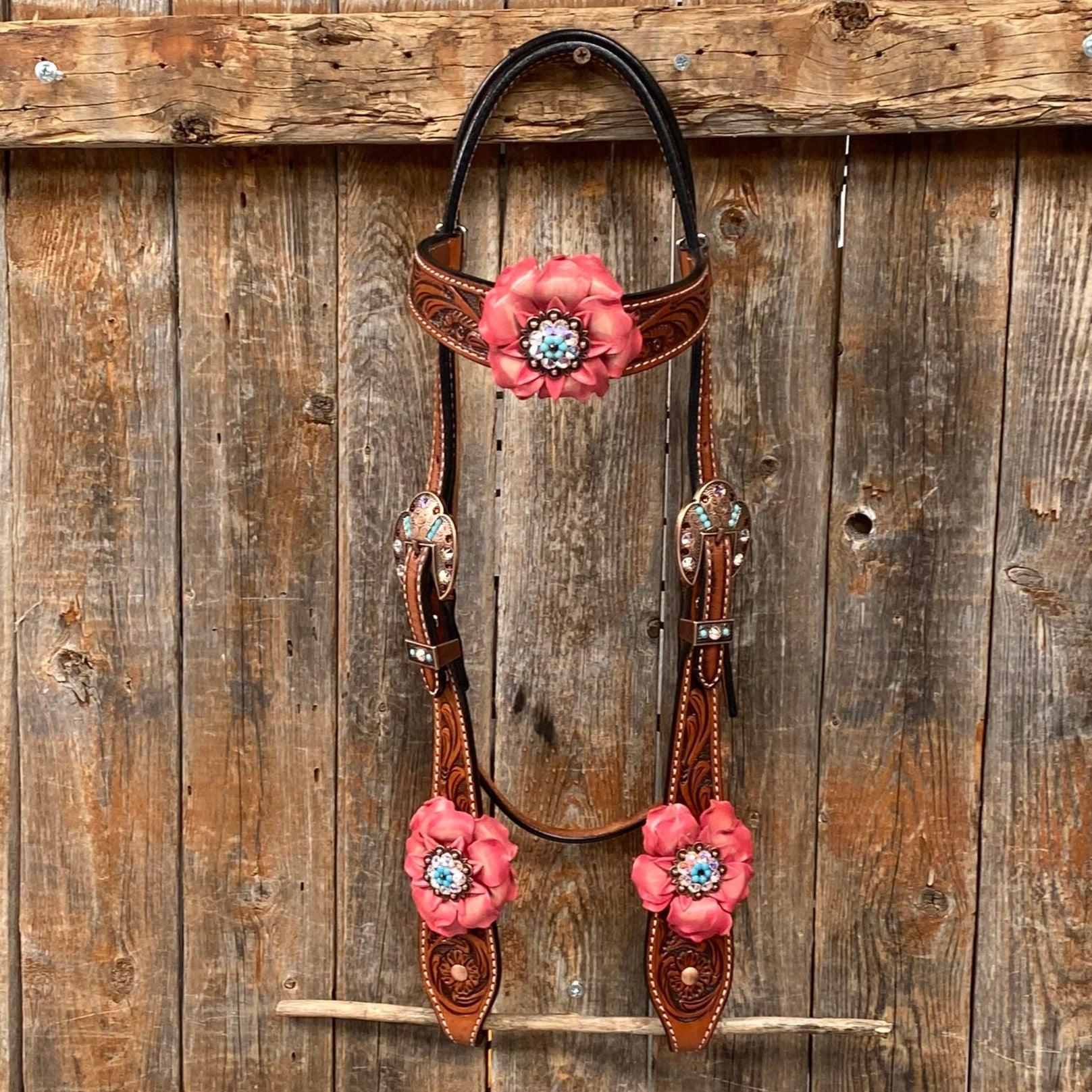 Honey Colored Floral Pink and Turquoise Tack Set  