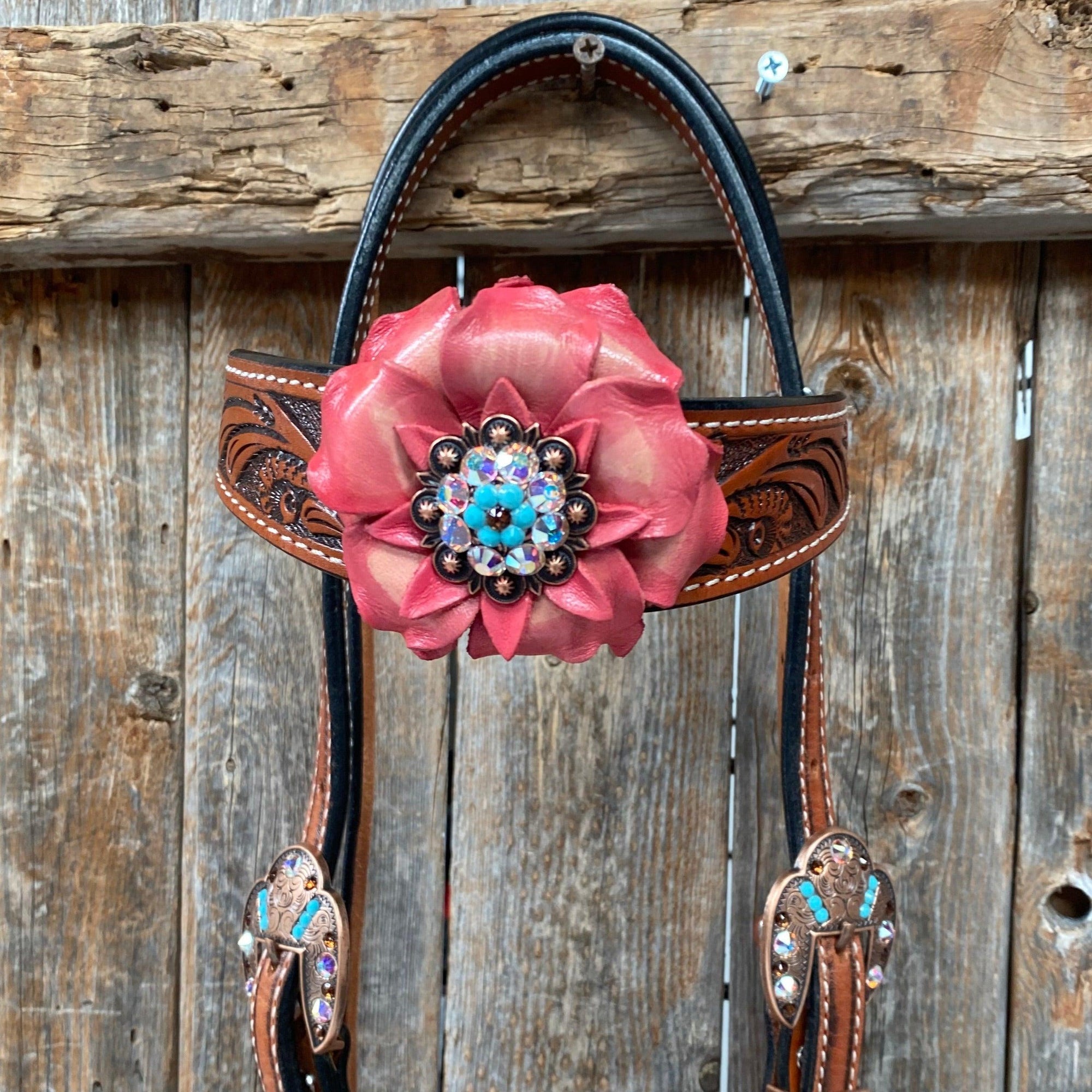 Honey Colored Floral Pink and Turquoise Tack Set  