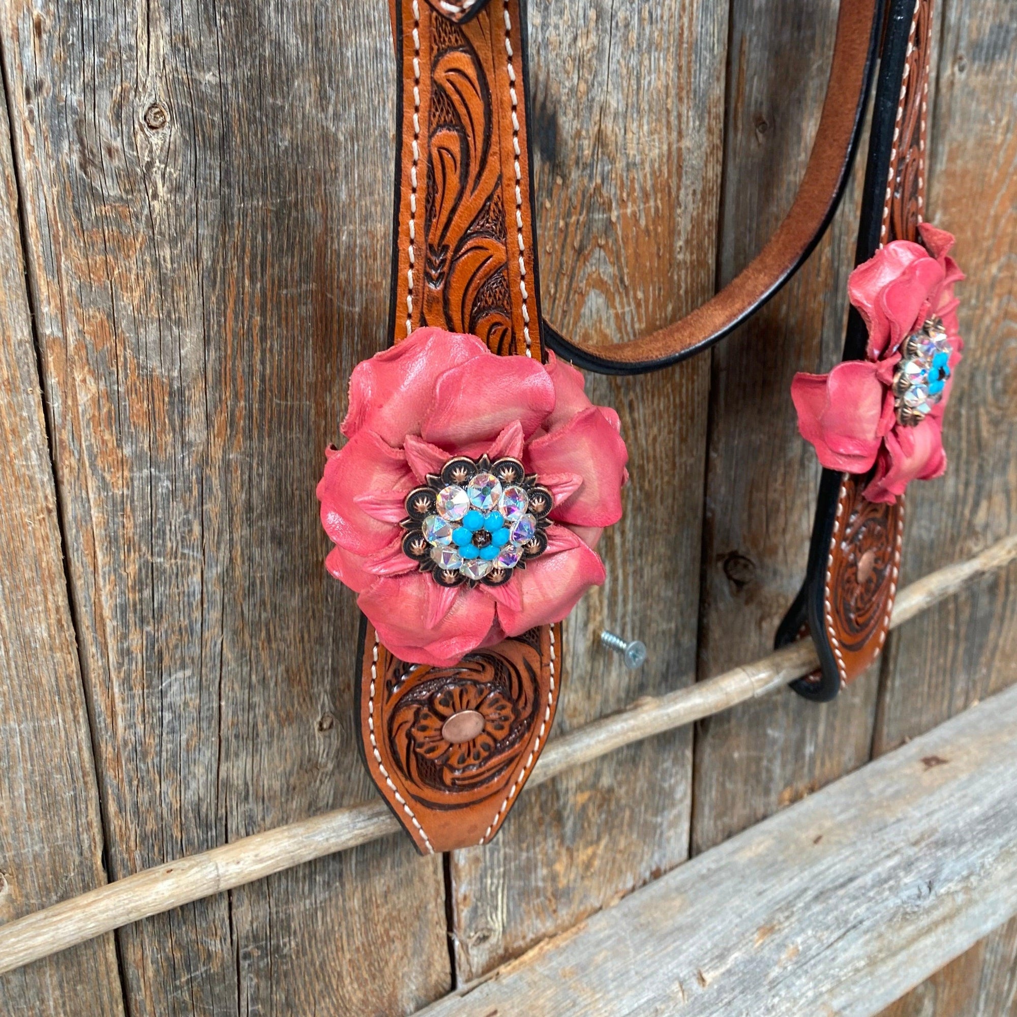 Honey Colored Floral Pink and Turquoise Tack Set  