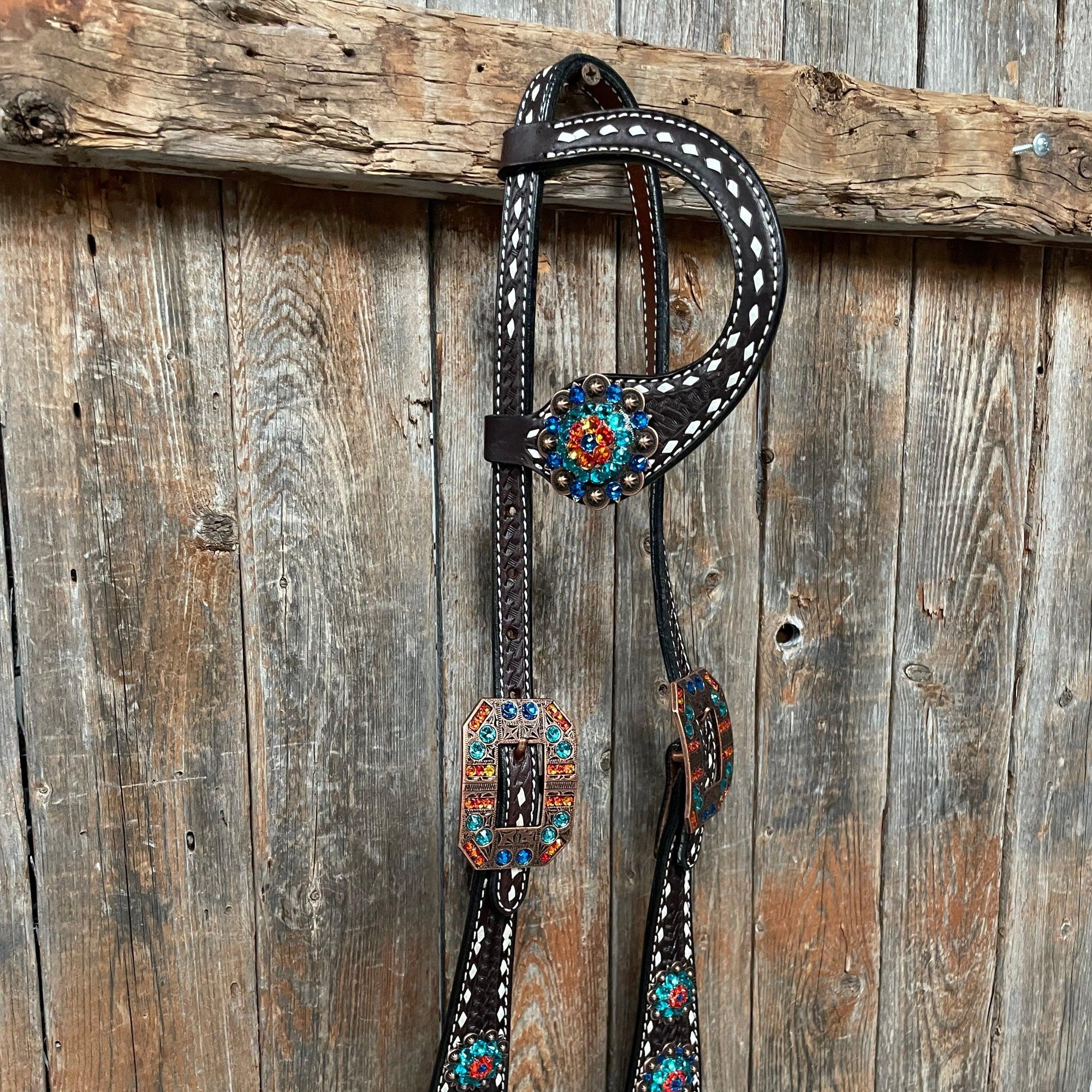 Dark Oil Buckstitch Capri/Fire Opal/Teal Browband/One Ear Tack Set with Wither Strap  