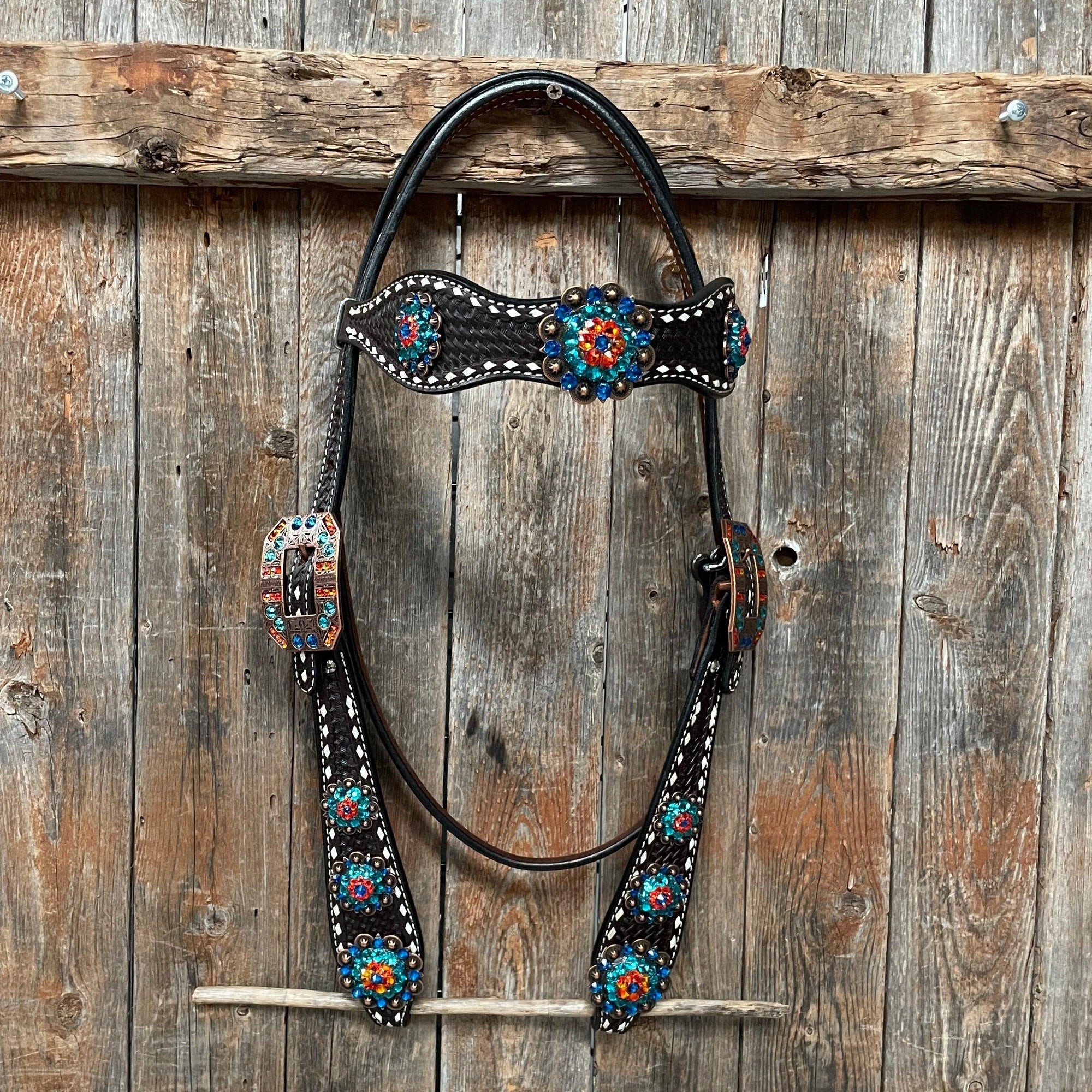 Dark Oil Buckstitch Capri/Fire Opal/Teal Browband/One Ear Tack Set with Wither Strap  