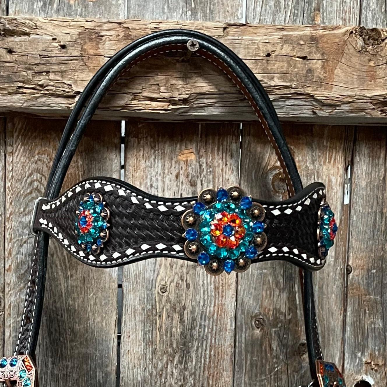 Dark Oil Buckstitch Capri/Fire Opal/Teal Browband/One Ear Tack Set with Wither Strap  