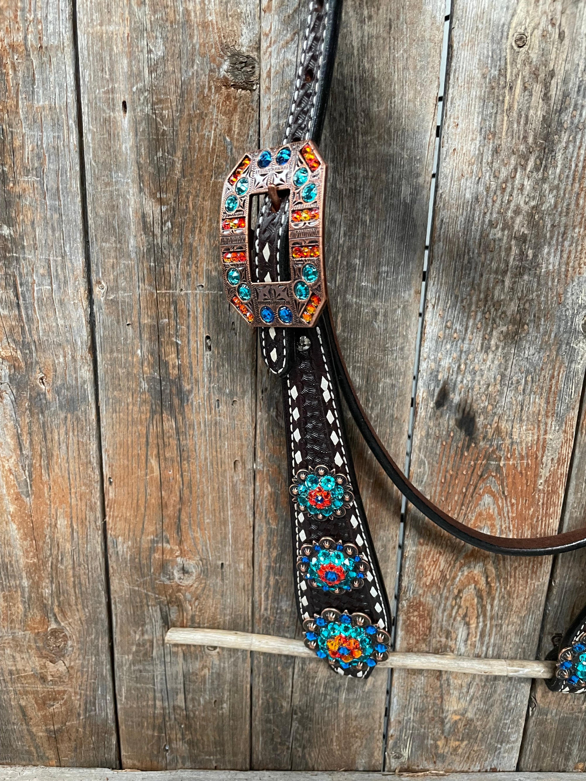 Dark Oil Buckstitch Capri/Fire Opal/Teal Browband/One Ear Tack Set with Wither Strap  