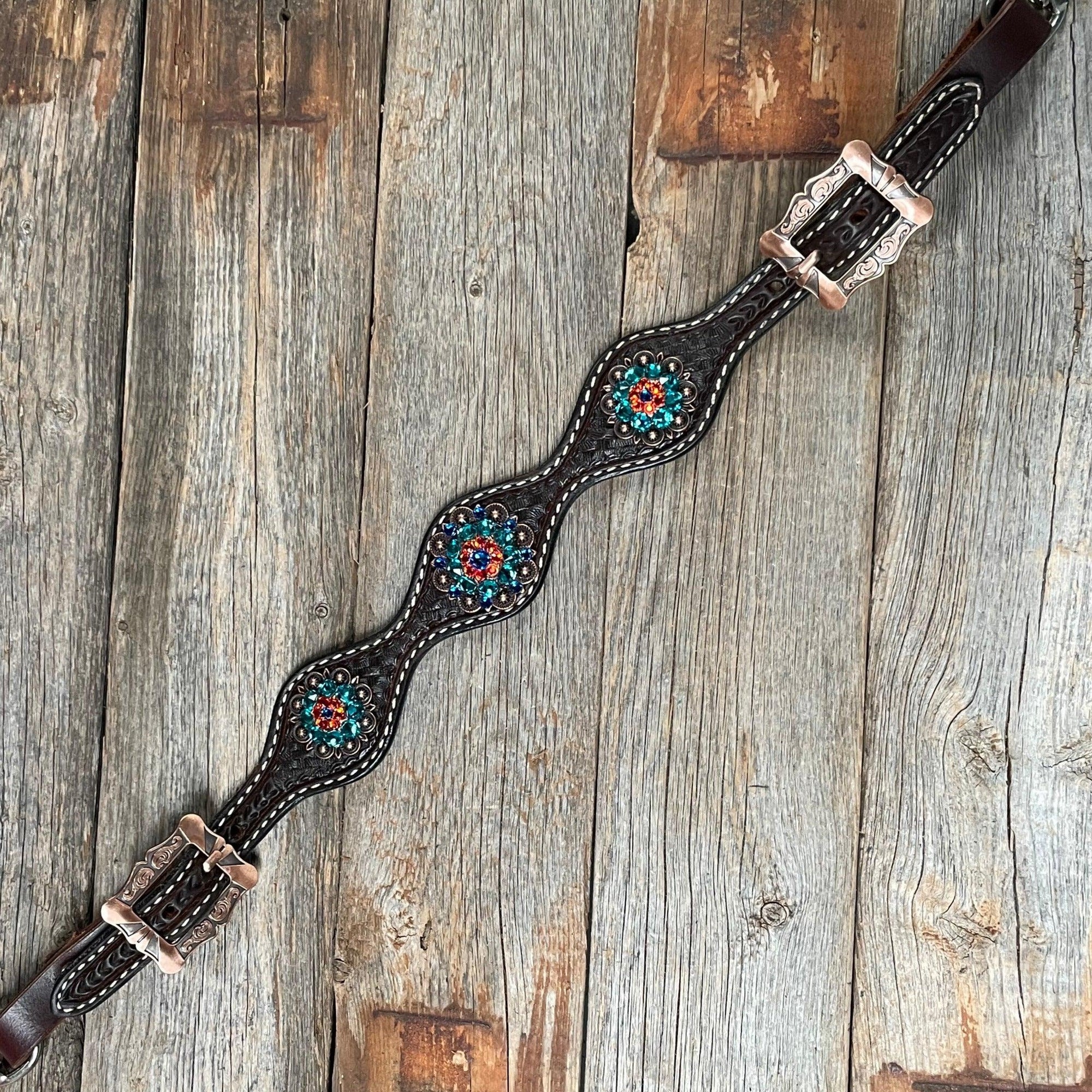 Dark Oil Buckstitch Capri/Fire Opal/Teal Browband/One Ear Tack Set with Wither Strap  