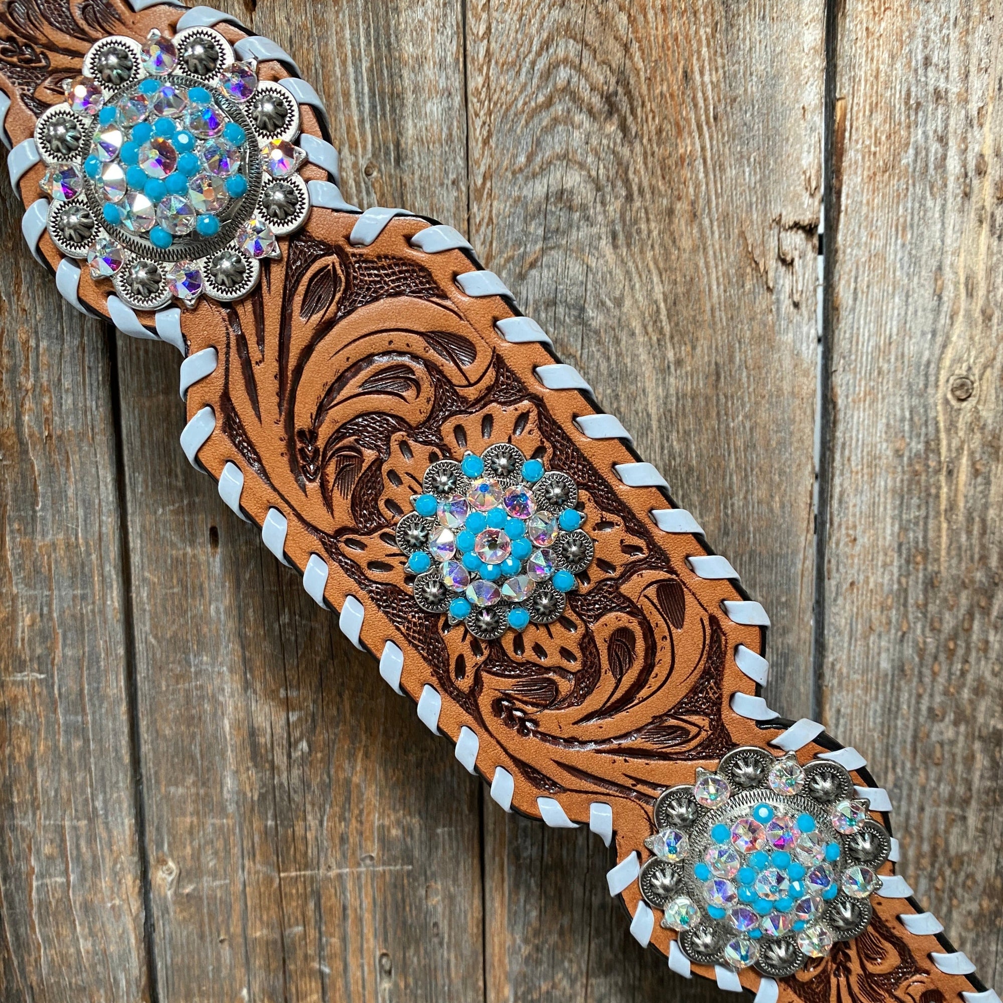 Whipstitch Turquoise &amp; AB Browband/One Ear Tack Set with Wither Strap  