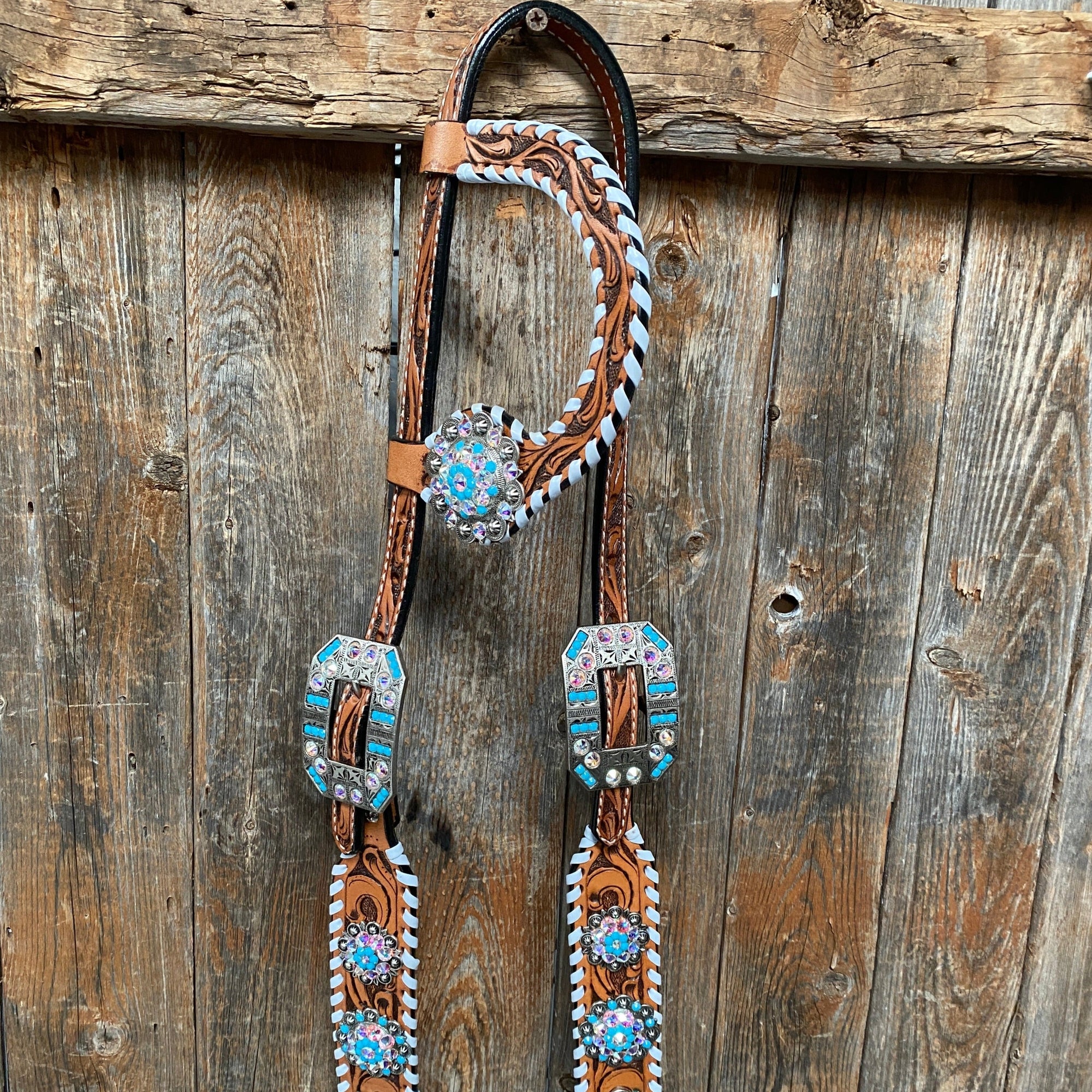 Whipstitch Turquoise &amp; AB Browband/One Ear Tack Set with Wither Strap  