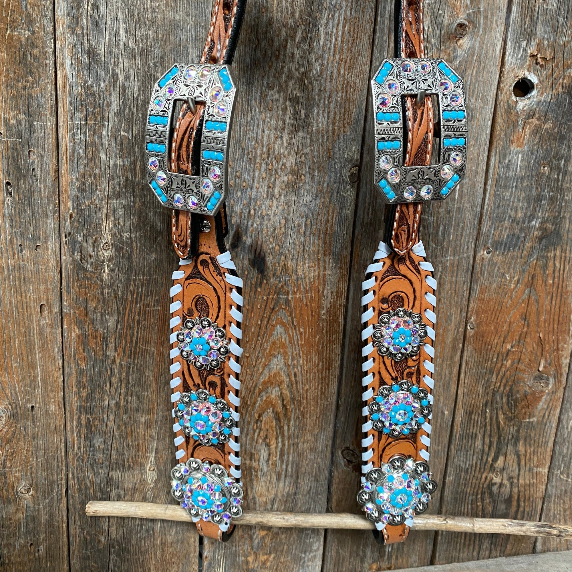 Whipstitch Turquoise &amp; AB Browband/One Ear Tack Set with Wither Strap  