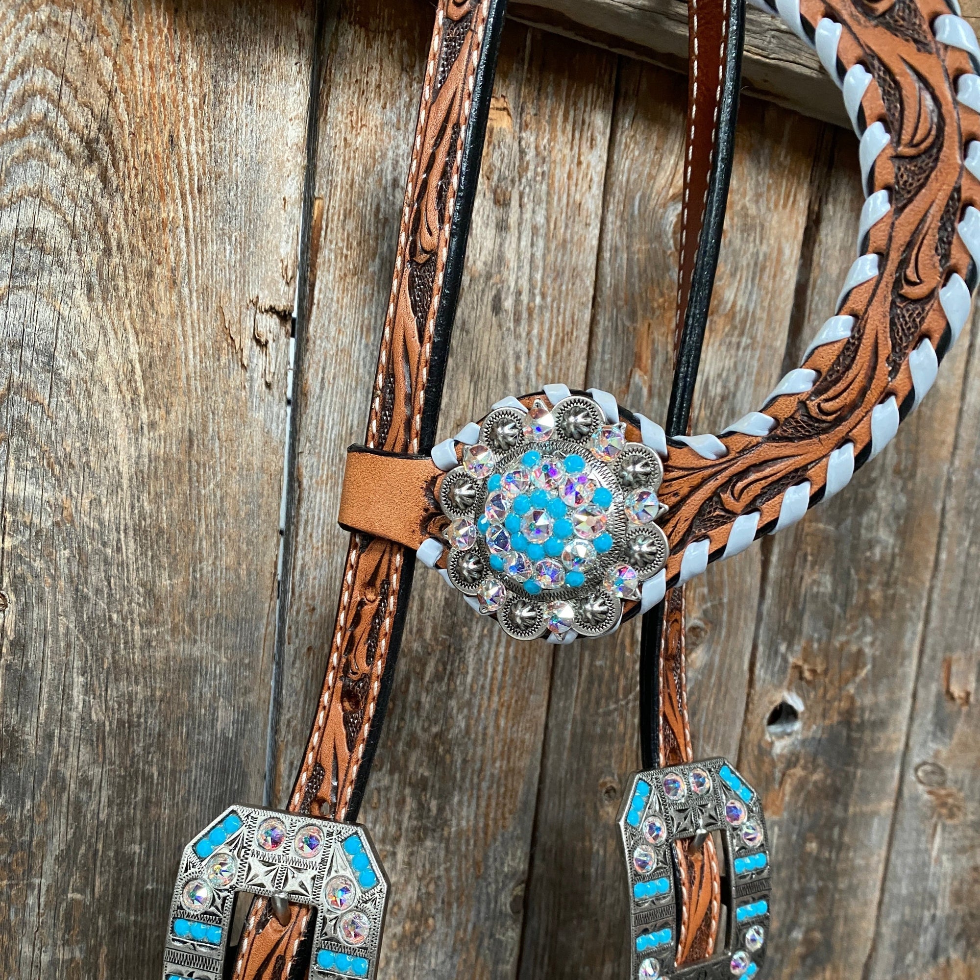 Whipstitch Turquoise &amp; AB Browband/One Ear Tack Set with Wither Strap  