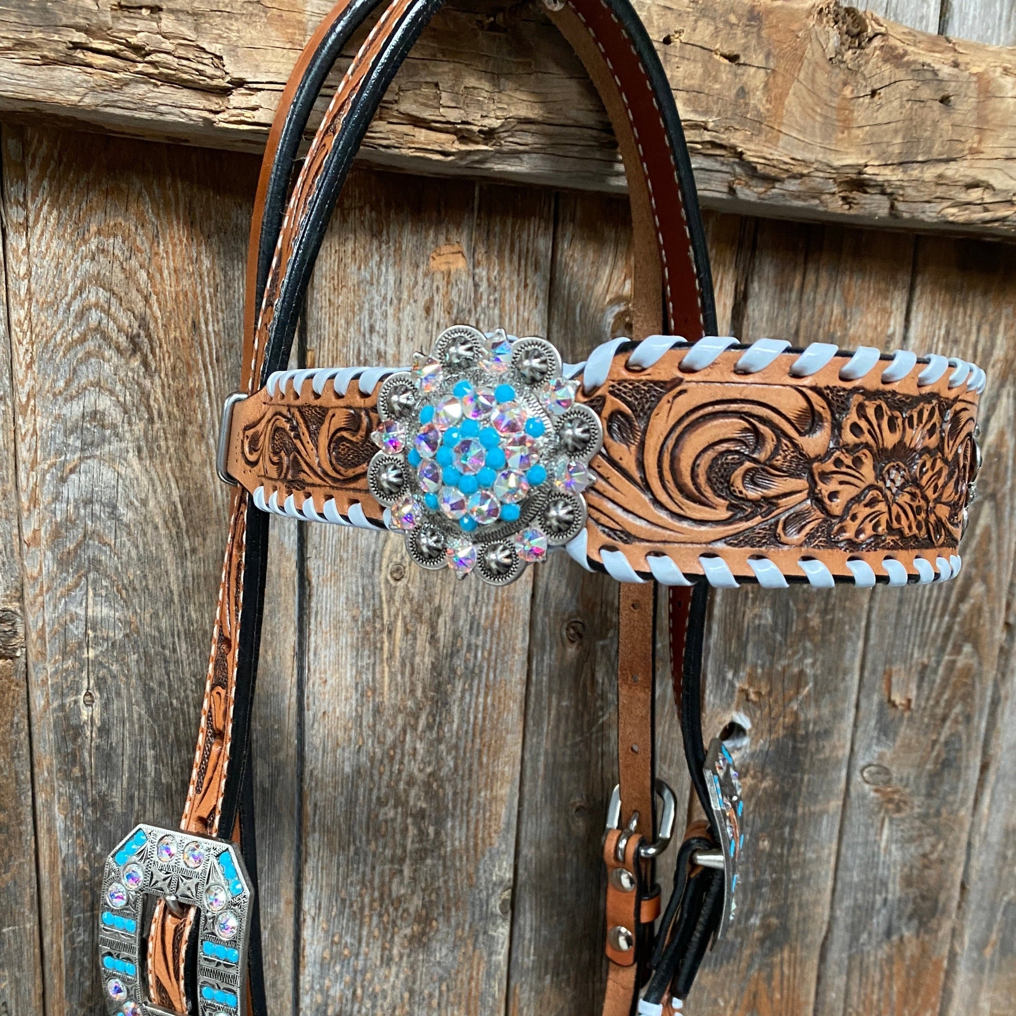 Whipstitch Turquoise &amp; AB Browband/One Ear Tack Set with Wither Strap  