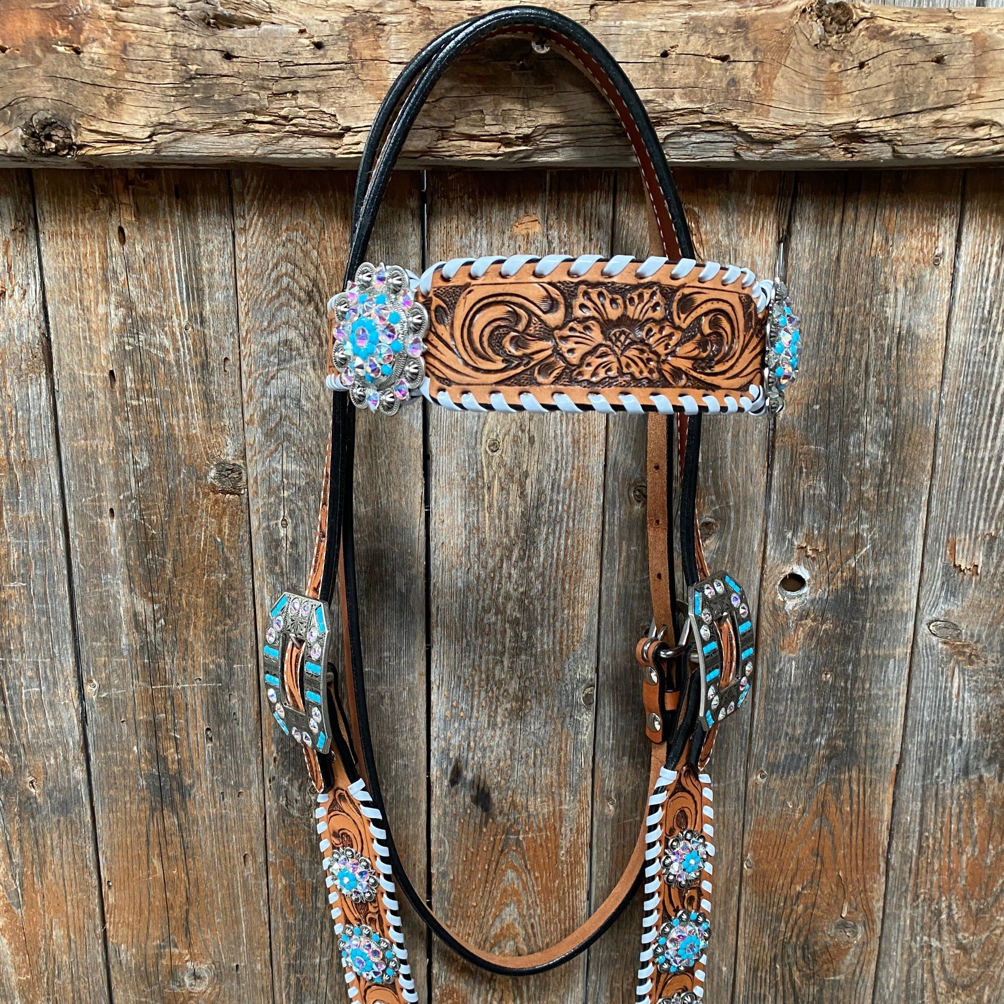 Whipstitch Turquoise &amp; AB Browband/One Ear Tack Set with Wither Strap  