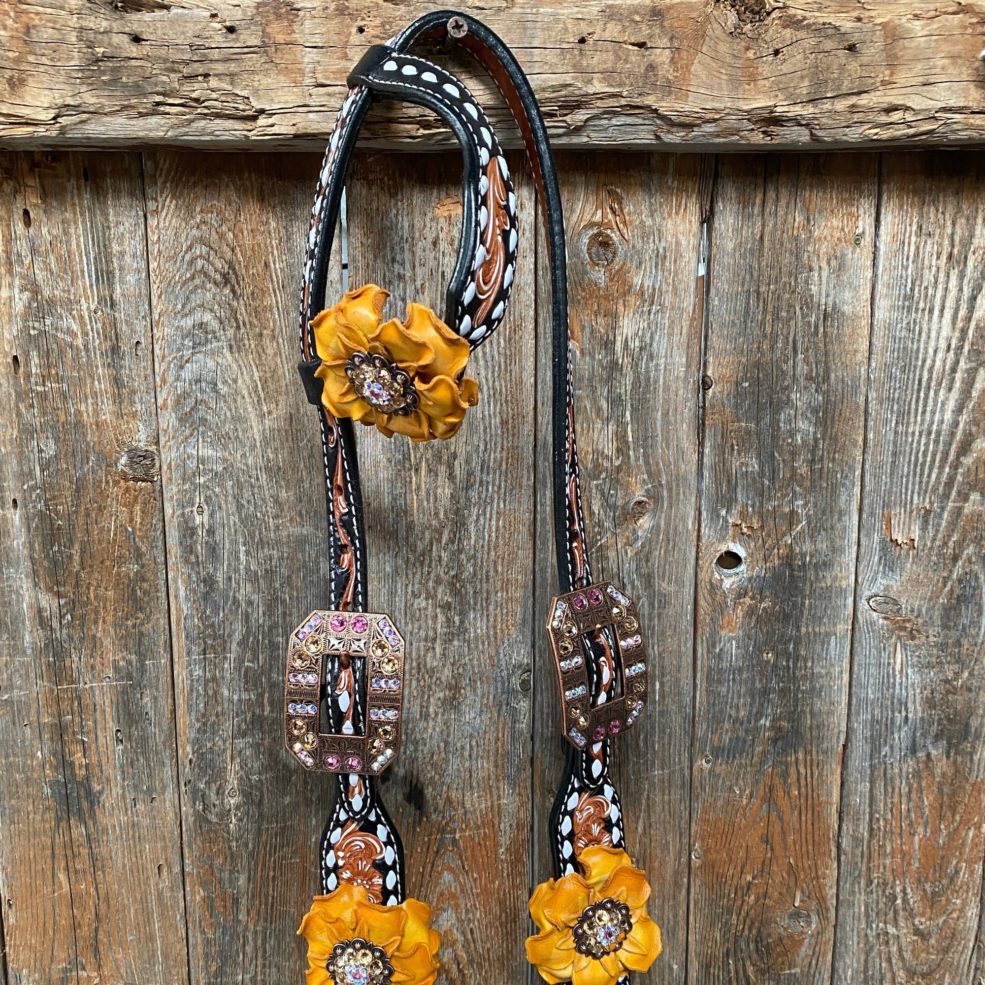 Classic Yellow and Pink Browband/One Ear Tack Set with Wither Strap  