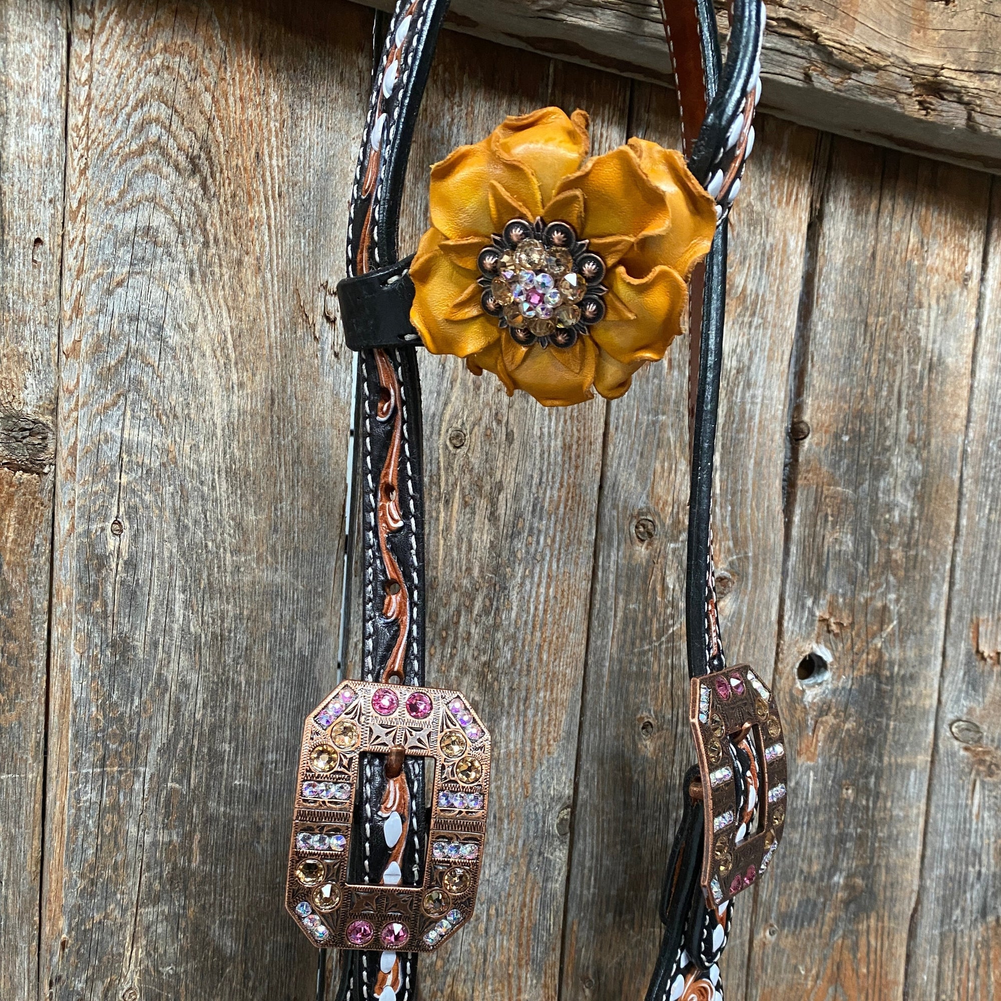 Classic Yellow and Pink Browband/One Ear Tack Set with Wither Strap  