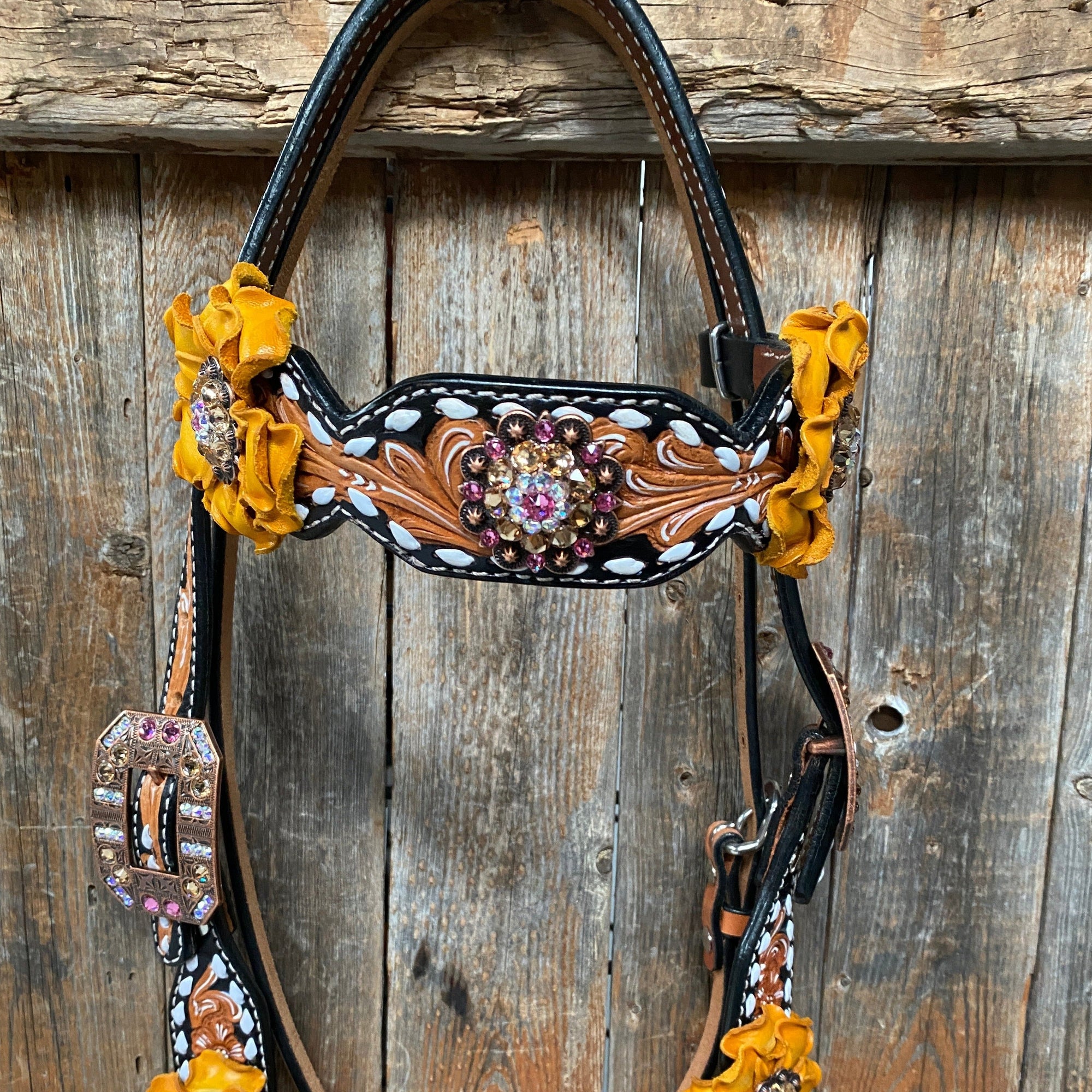 Classic Yellow and Pink Browband/One Ear Tack Set with Wither Strap  