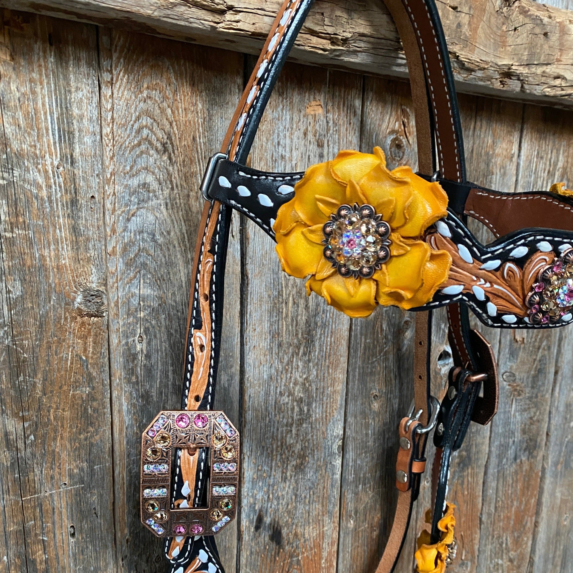 Classic Yellow and Pink Browband/One Ear Tack Set with Wither Strap  