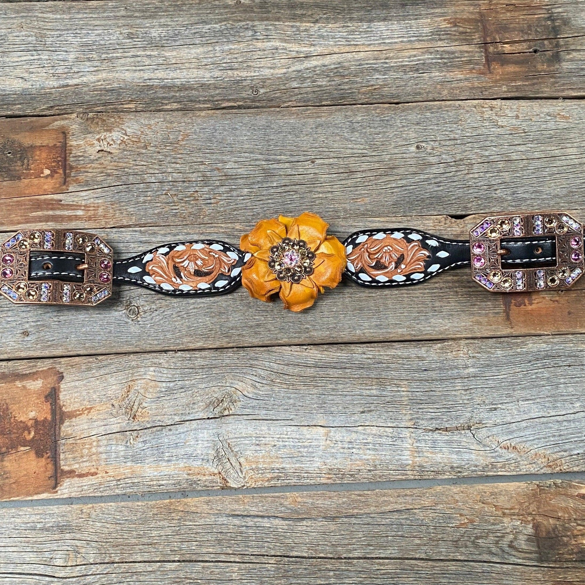 Classic Yellow and Pink Browband/One Ear Tack Set with Wither Strap  